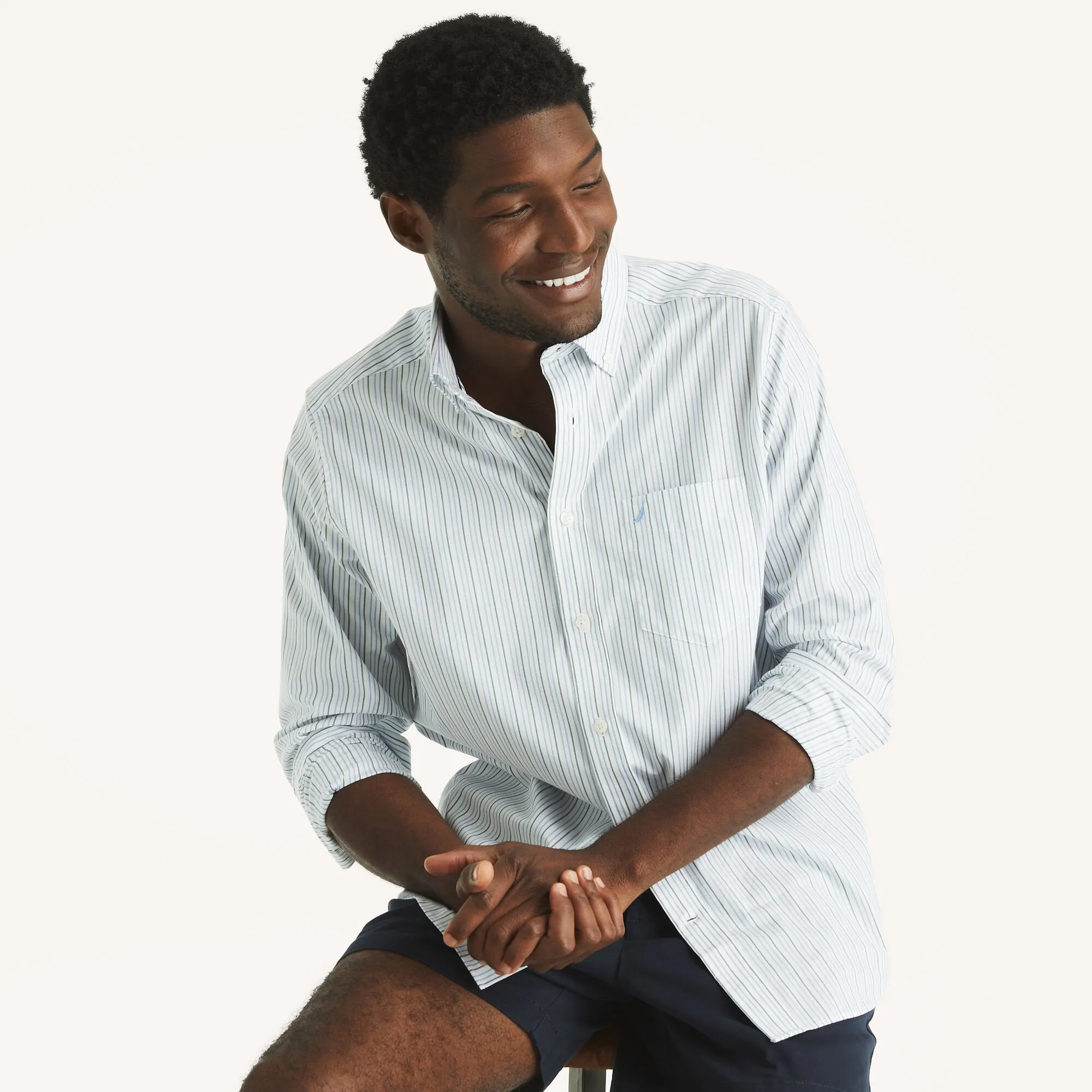 Nautica Mens Wrinkle-Resistant Striped Wear To Work Shirt
