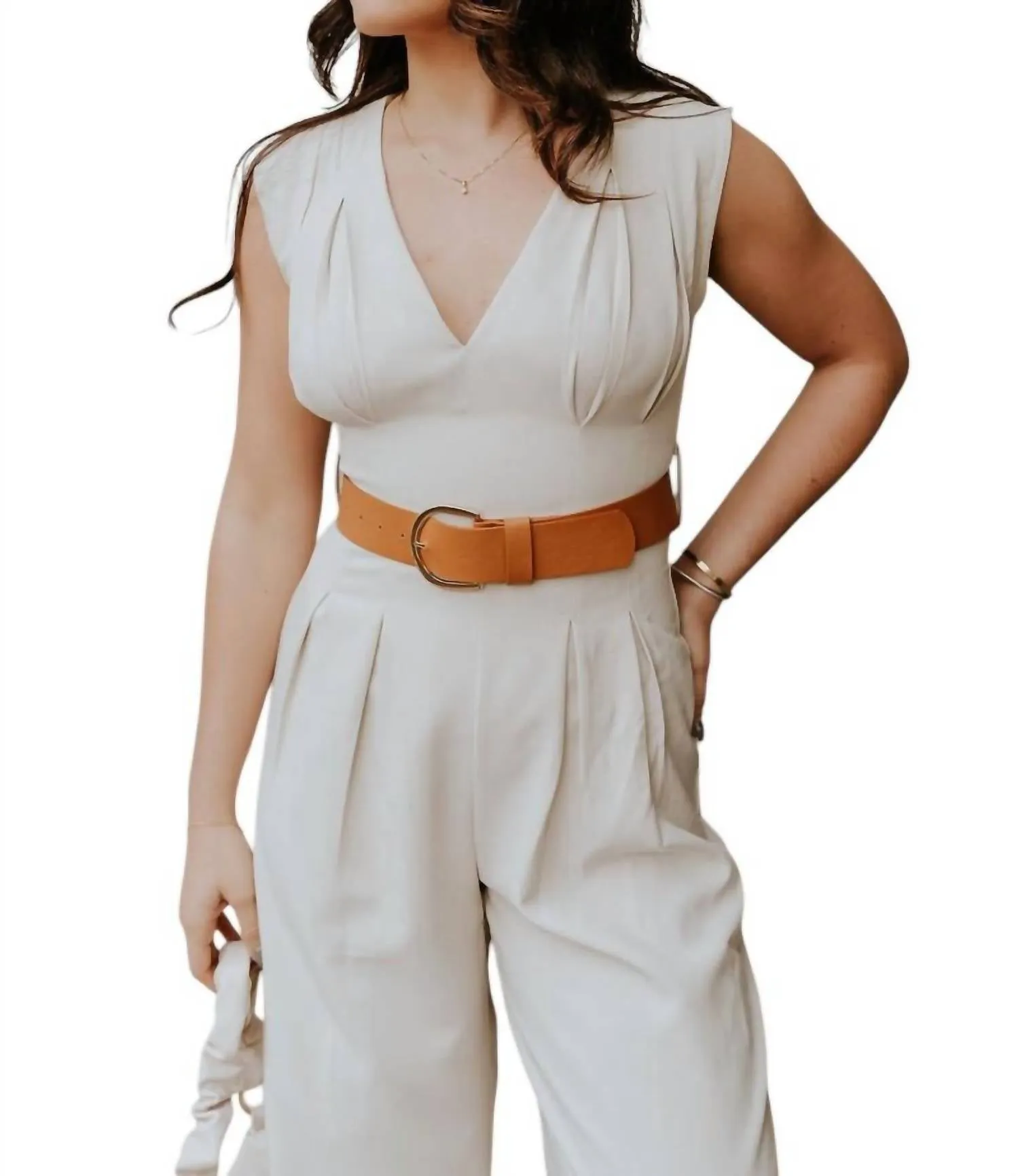 Nova Sleeveless Belted Jumpsuit In Beige