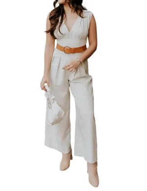 Nova Sleeveless Belted Jumpsuit In Beige