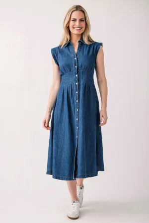 Olivaceous Denim Pleated Maxi Dress