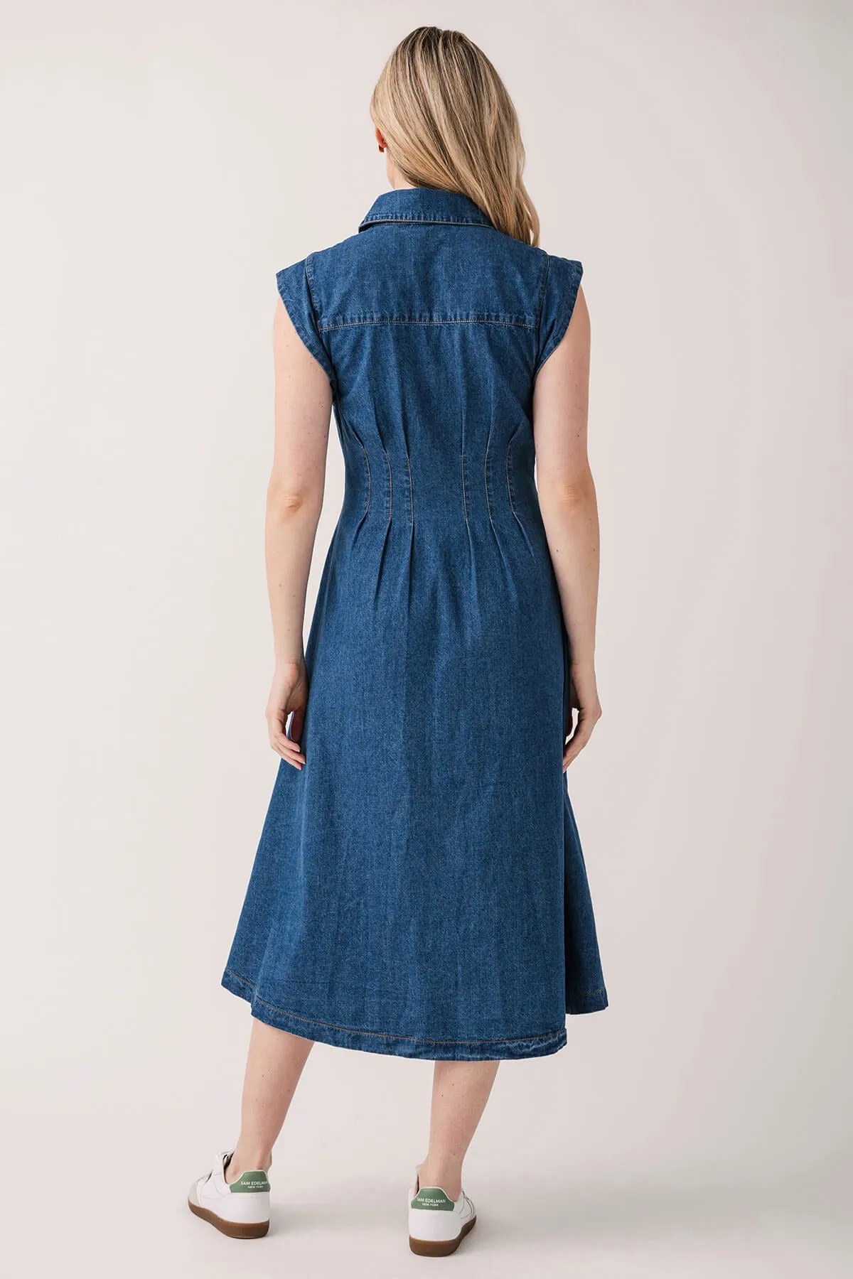 Olivaceous Denim Pleated Maxi Dress