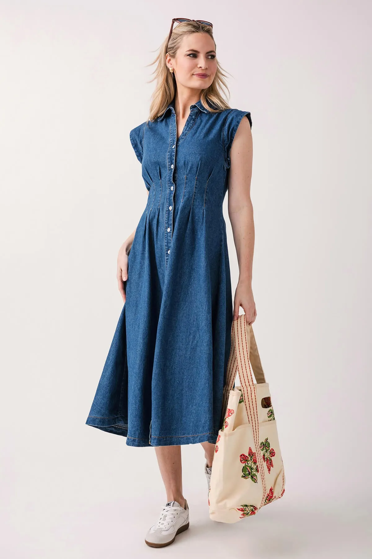 Olivaceous Denim Pleated Maxi Dress