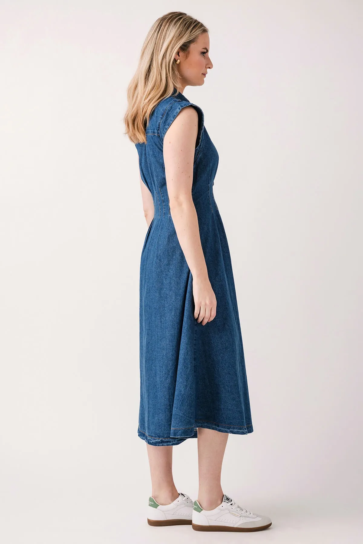 Olivaceous Denim Pleated Maxi Dress