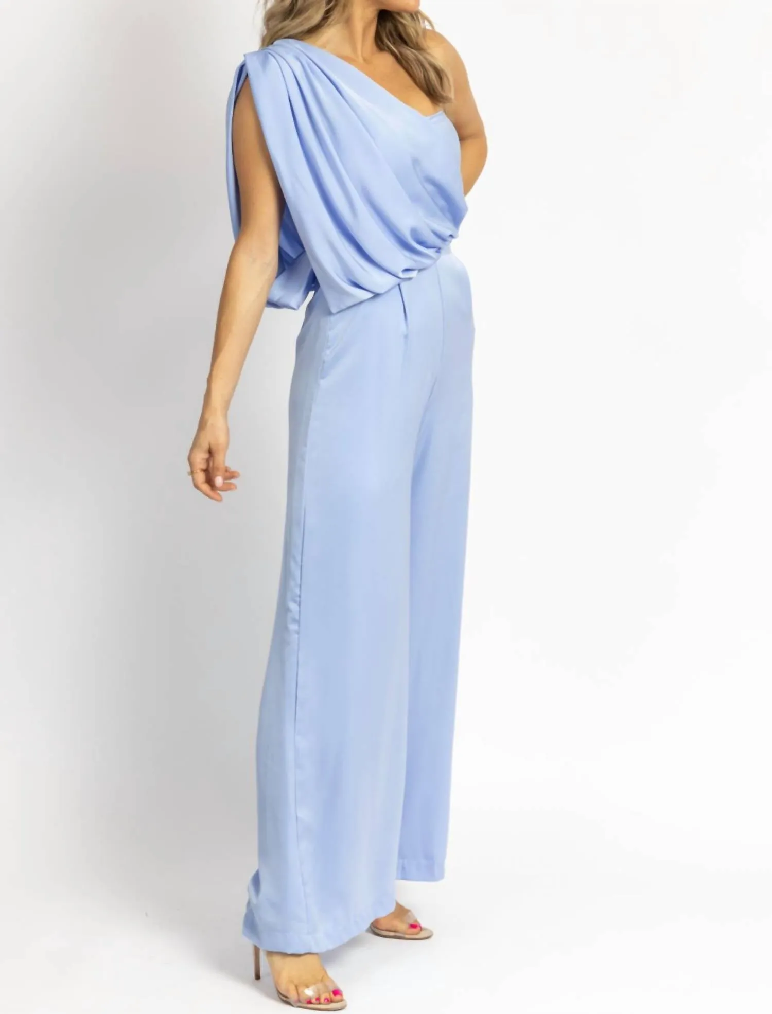One Shoulder Drape Jumpsuit In Breeze Blue