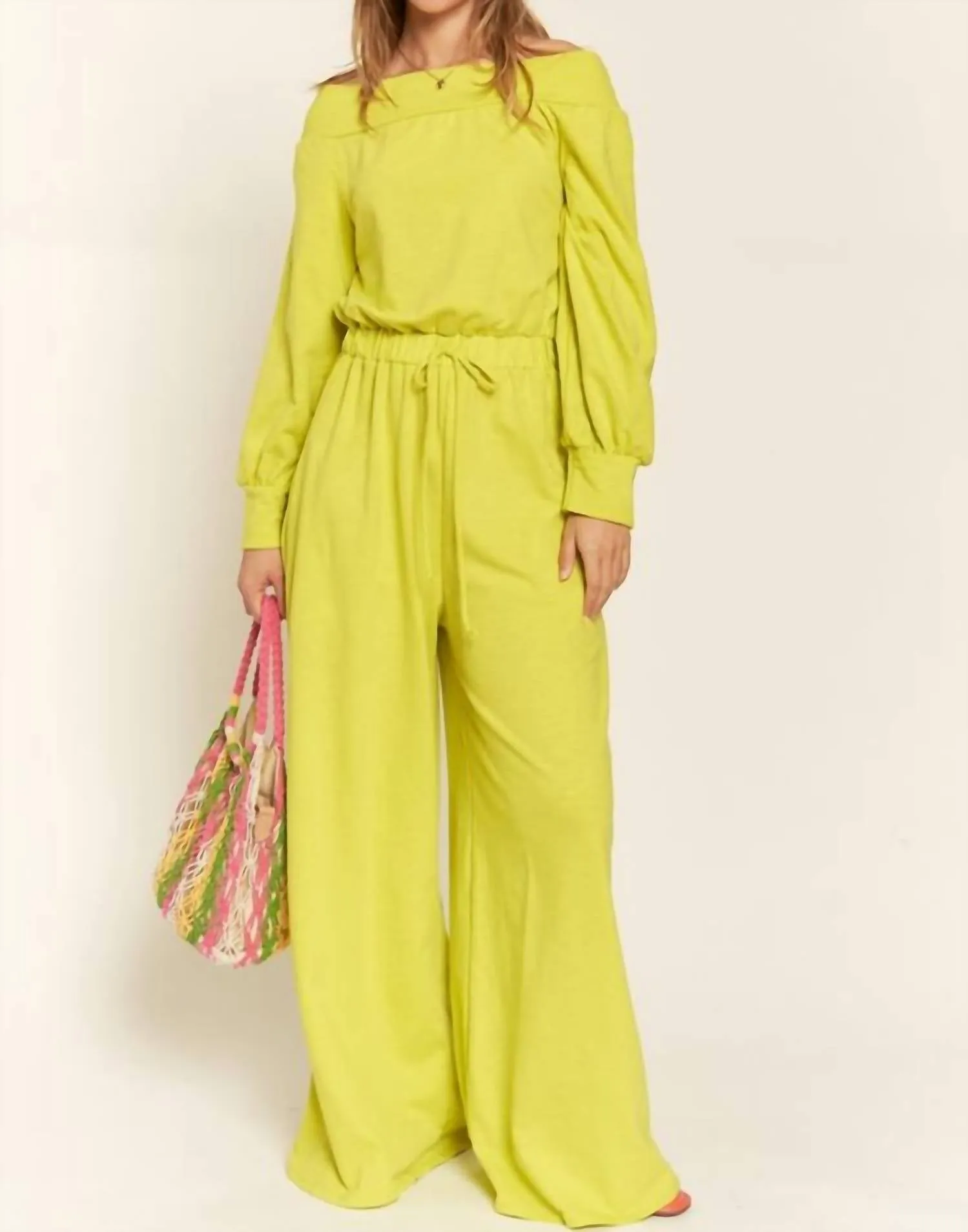 One Shoulder Terry Jumpsuit In Lime