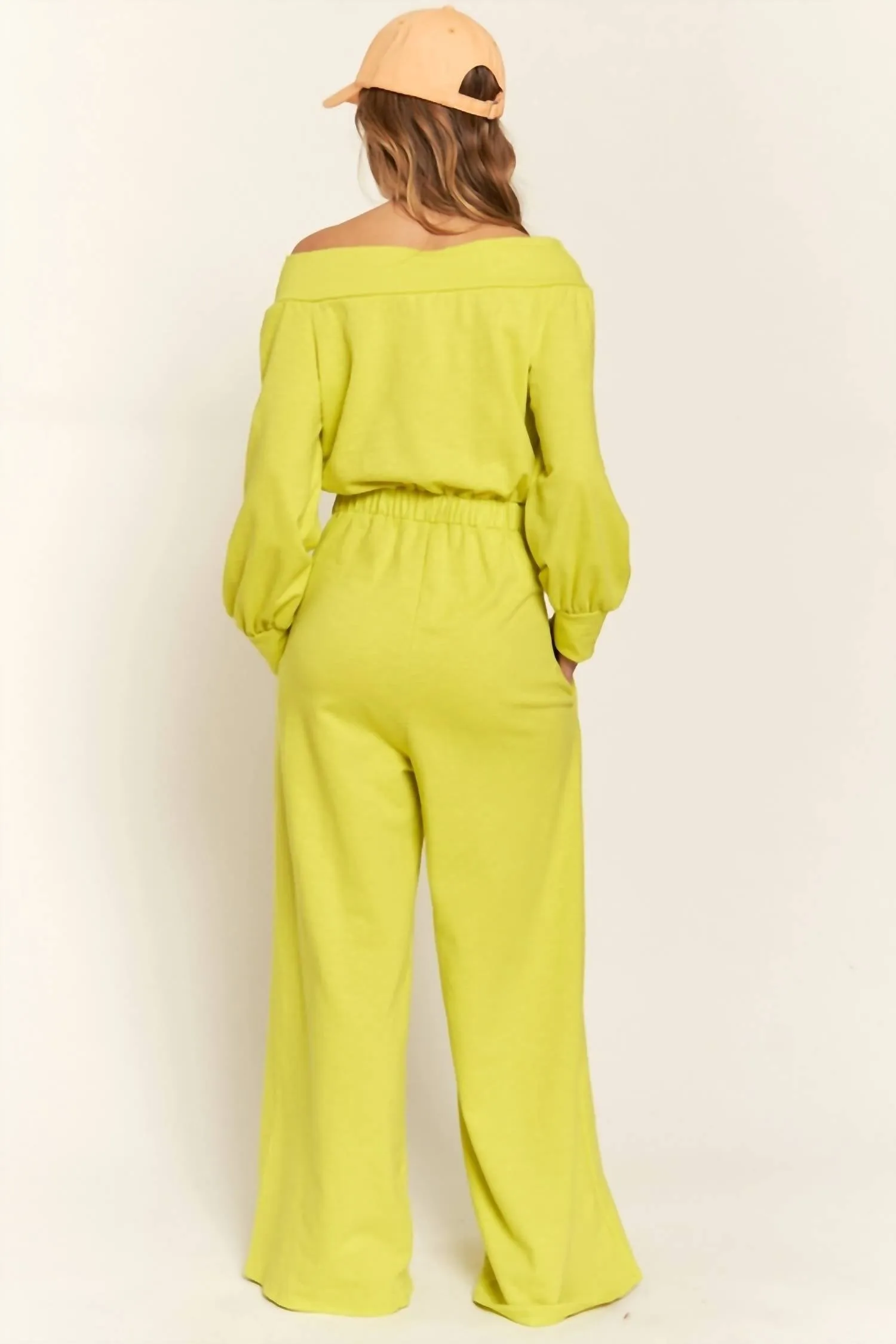 One Shoulder Terry Jumpsuit In Lime