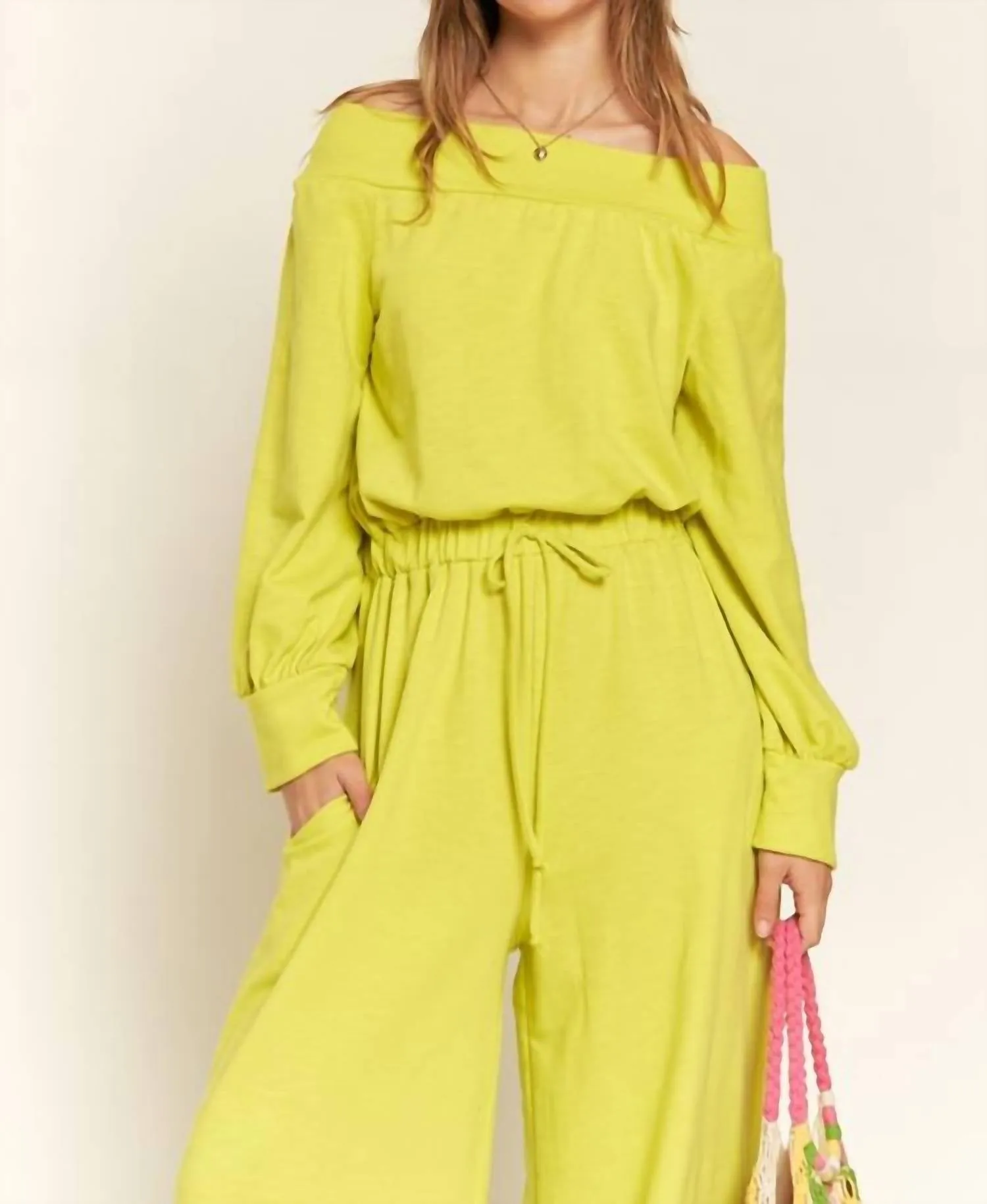 One Shoulder Terry Jumpsuit In Lime