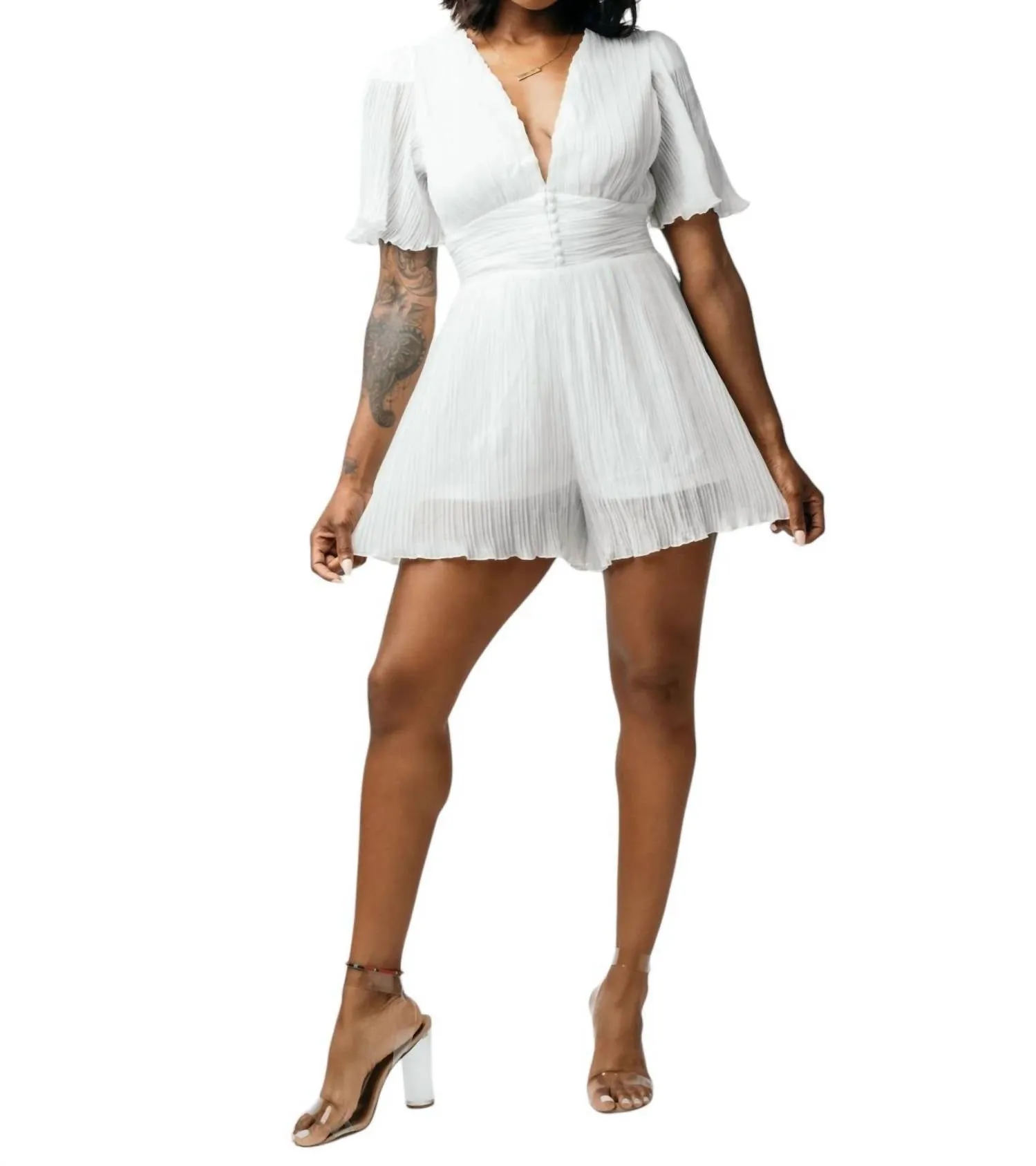 Pleated Plunge Romper In White