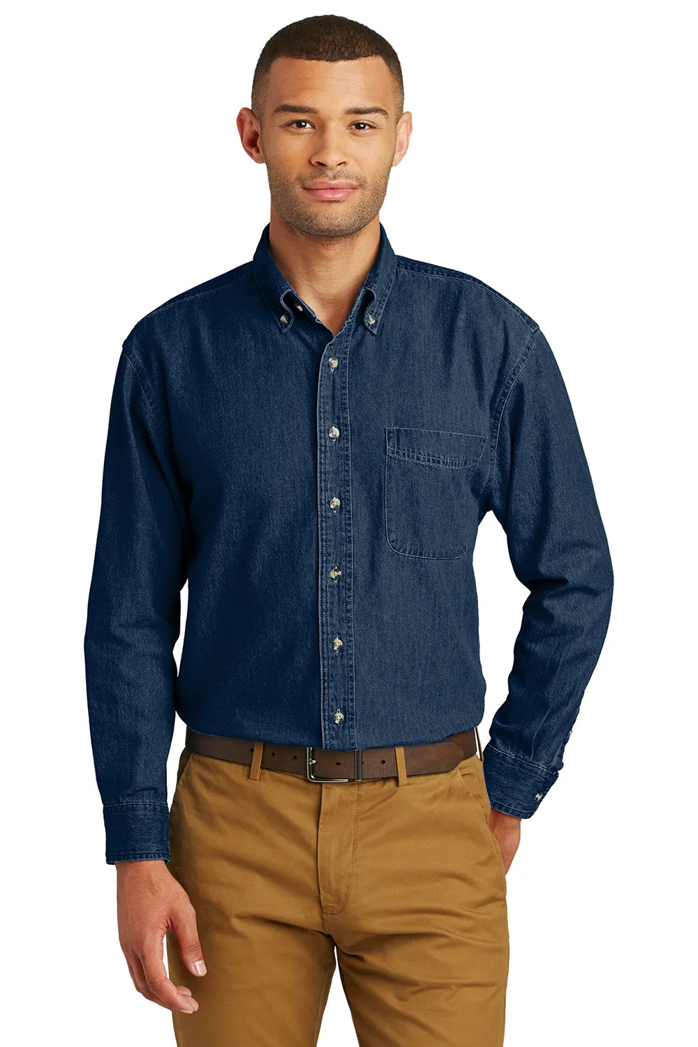 Port & Company Mens Denim Long Sleeve Button Down Shirt w/ Pocket - Ink Blue