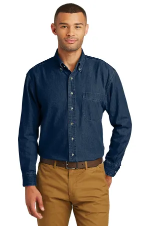 Port & Company Mens Denim Long Sleeve Button Down Shirt w/ Pocket - Ink Blue