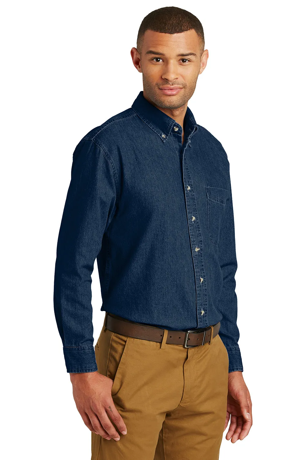 Port & Company Mens Denim Long Sleeve Button Down Shirt w/ Pocket - Ink Blue