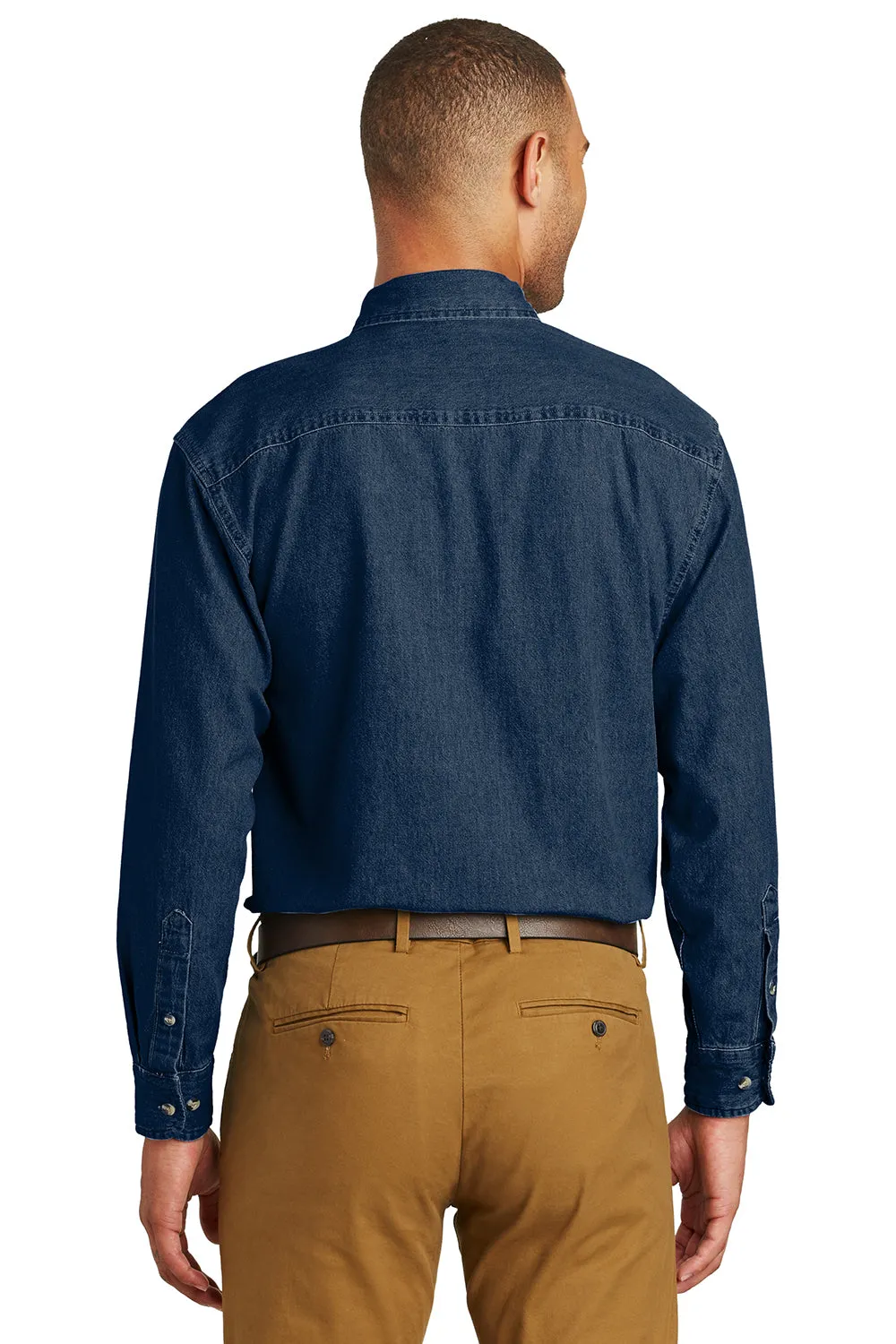 Port & Company Mens Denim Long Sleeve Button Down Shirt w/ Pocket - Ink Blue
