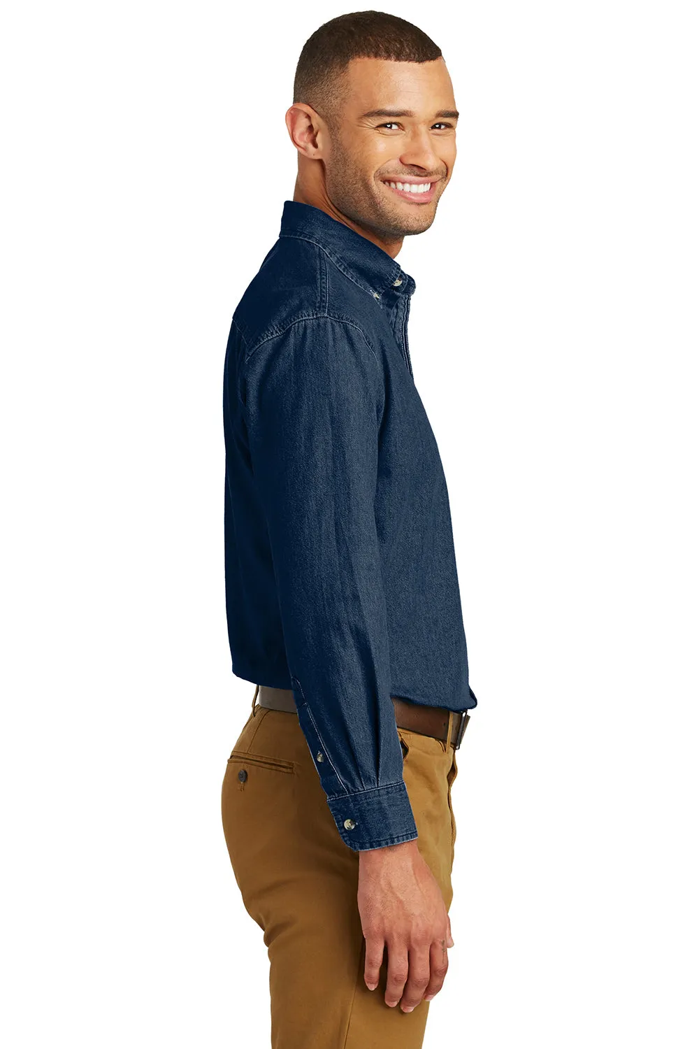 Port & Company Mens Denim Long Sleeve Button Down Shirt w/ Pocket - Ink Blue