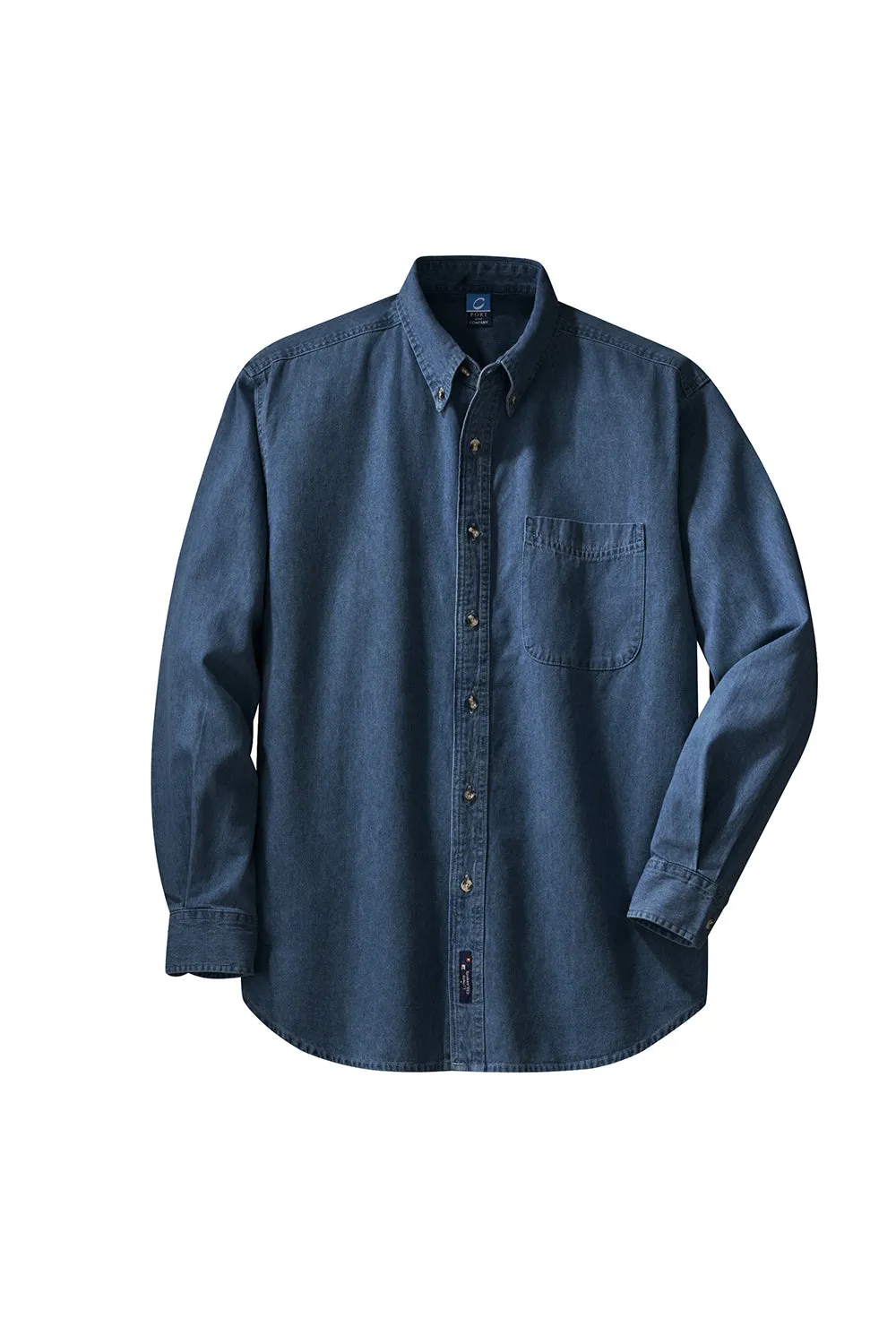 Port & Company Mens Denim Long Sleeve Button Down Shirt w/ Pocket - Ink Blue