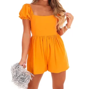 Puff Sleeve Babydoll Romper In Orange