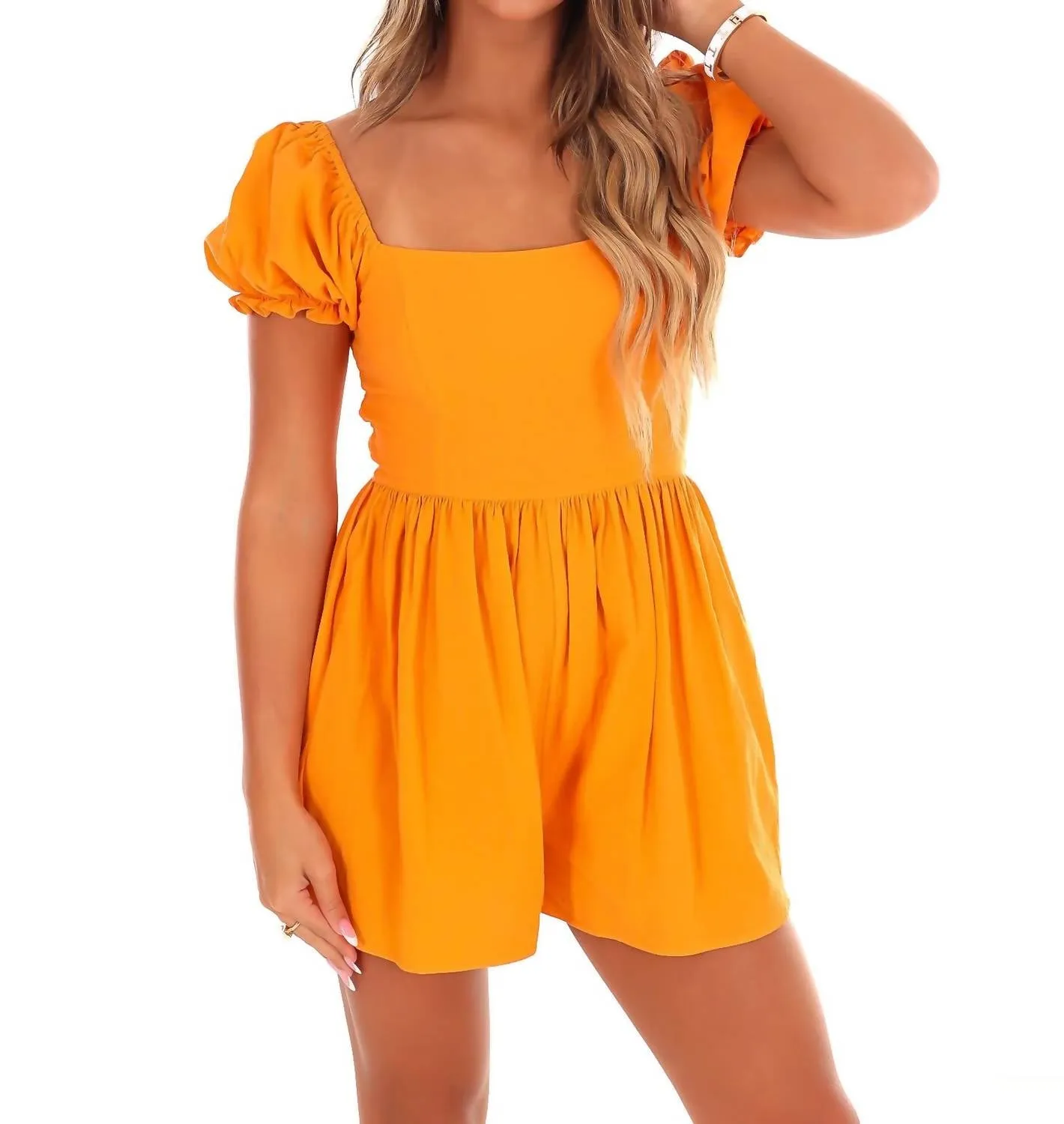 Puff Sleeve Babydoll Romper In Orange