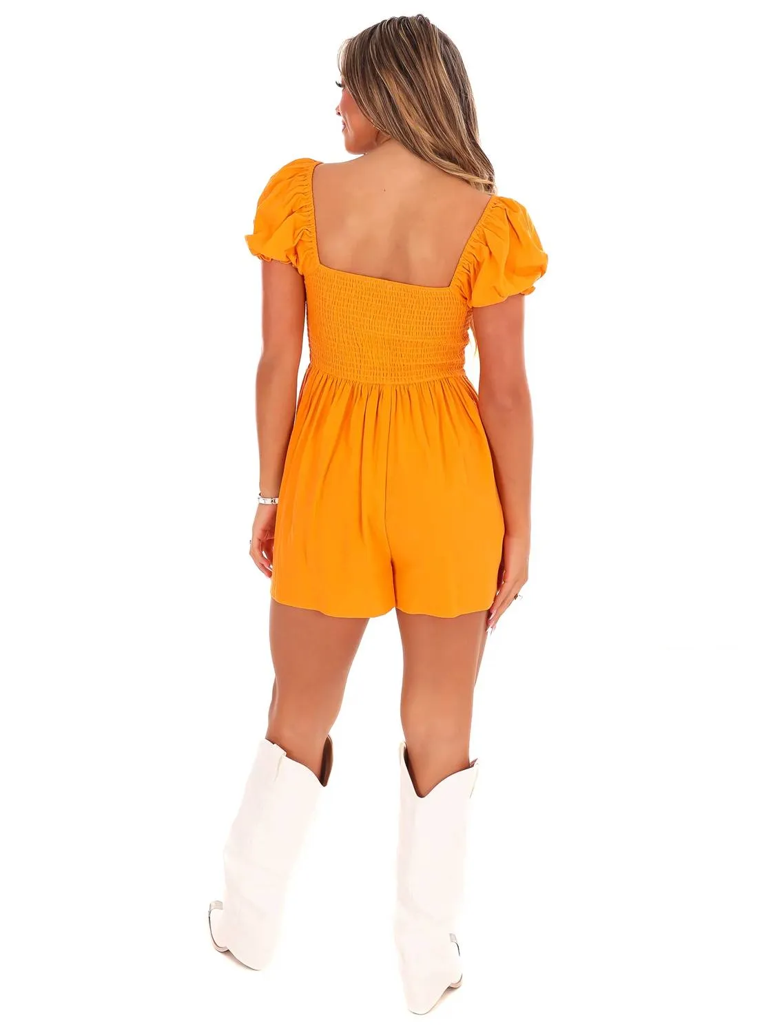 Puff Sleeve Babydoll Romper In Orange