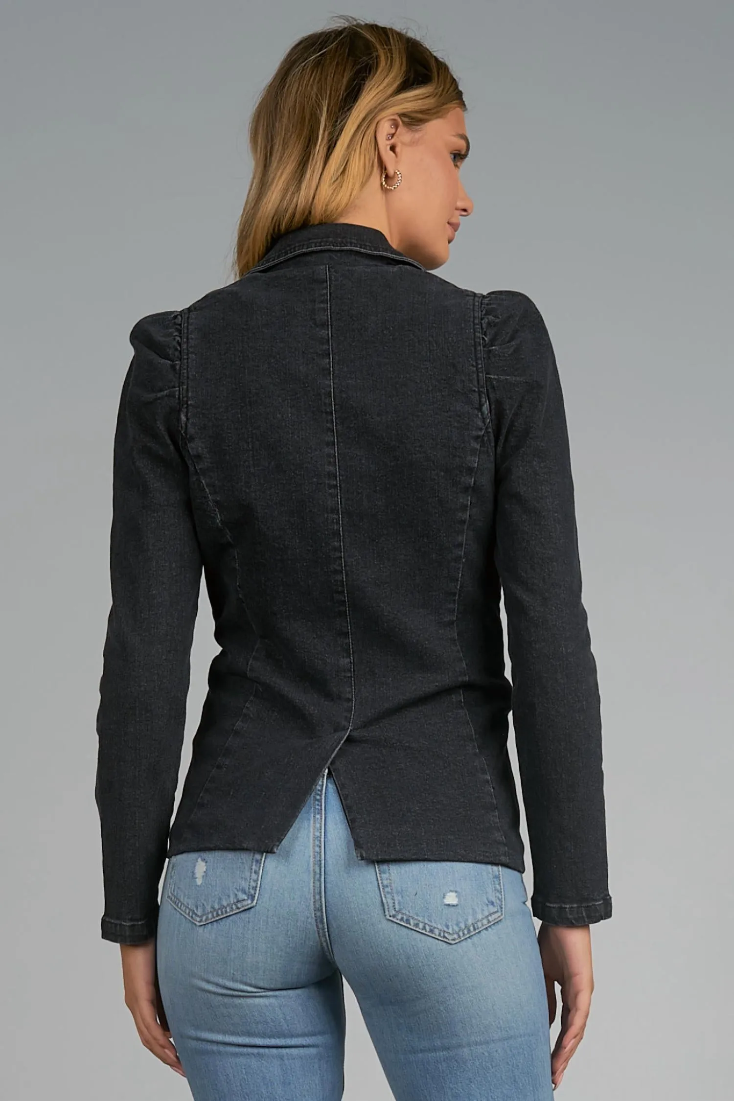 Puff Sleeve Blazer Jacket In Black Vintage Wash