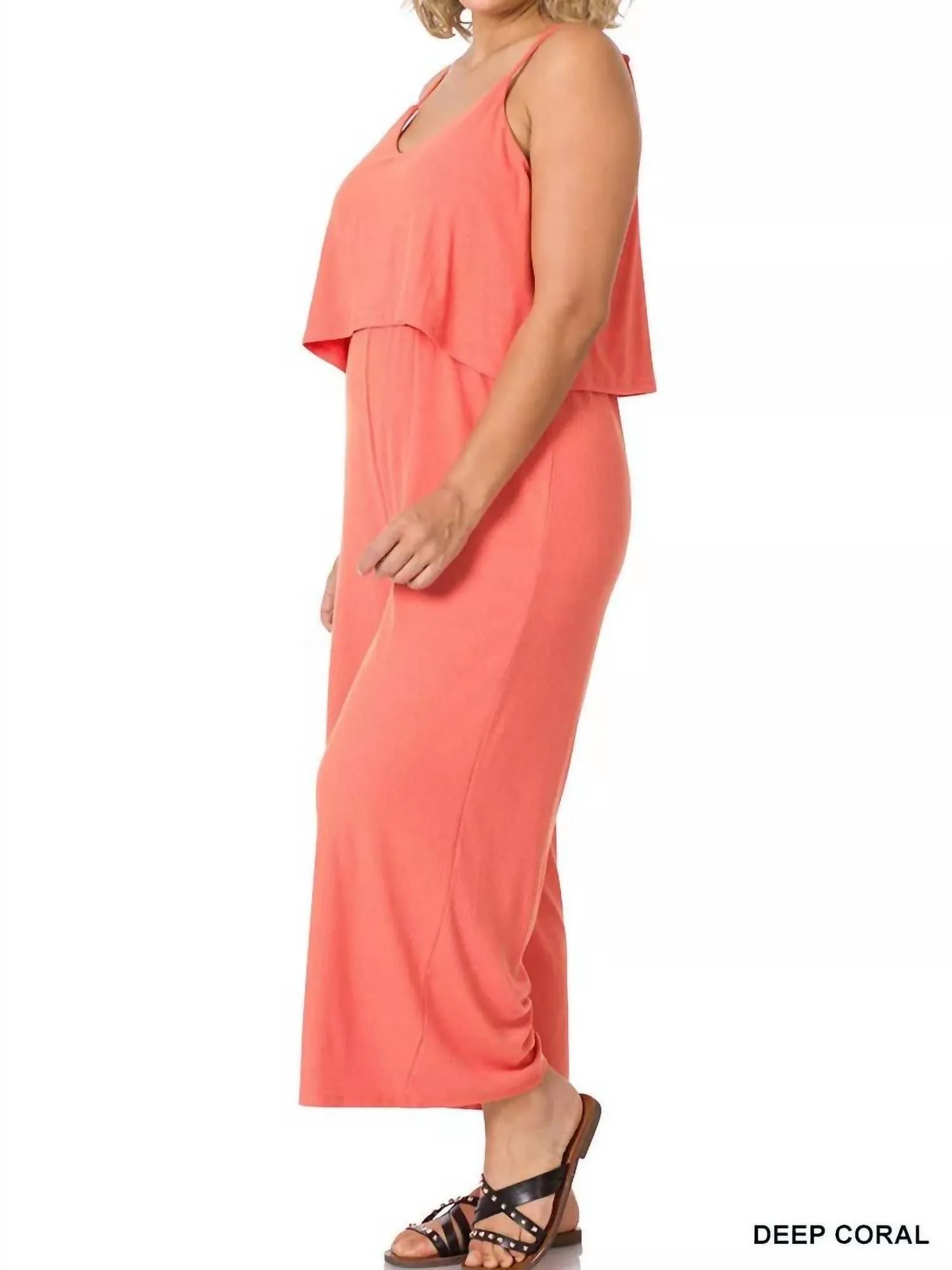 Ribbed Double Layer Jumpsuit In Deep Coral
