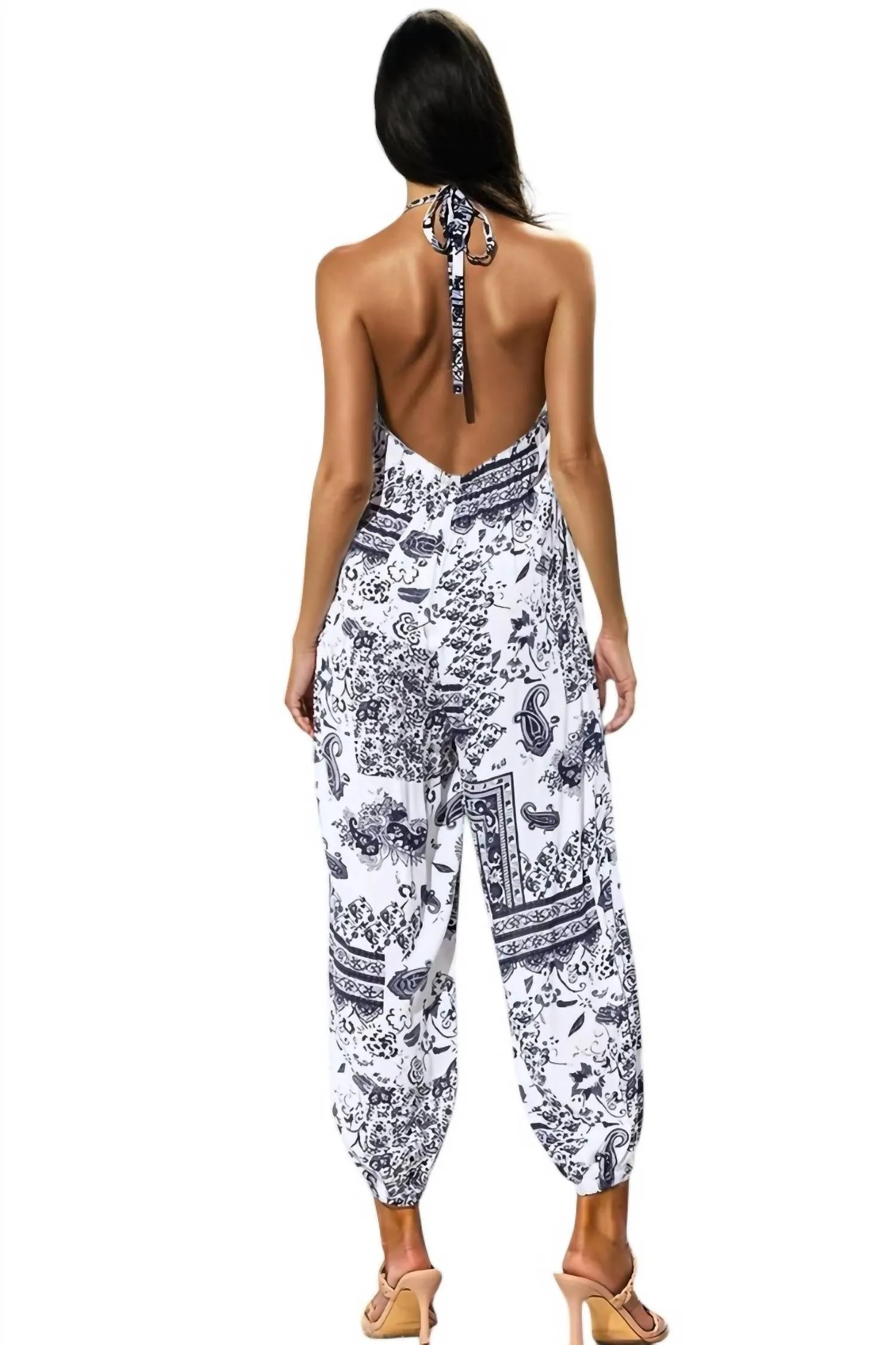 Riley Paisley Print Halter Jumpsuit In Black