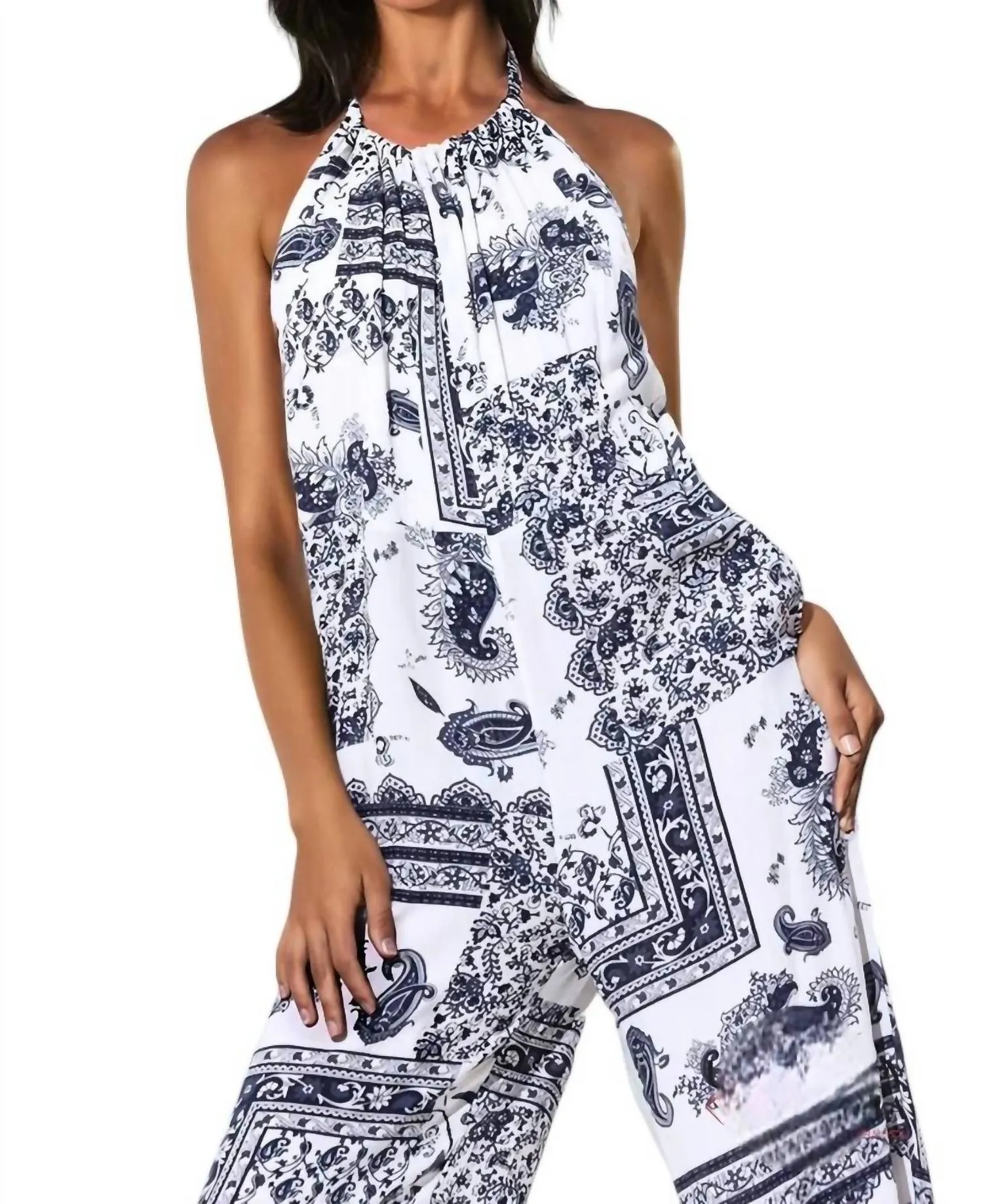 Riley Paisley Print Halter Jumpsuit In Black
