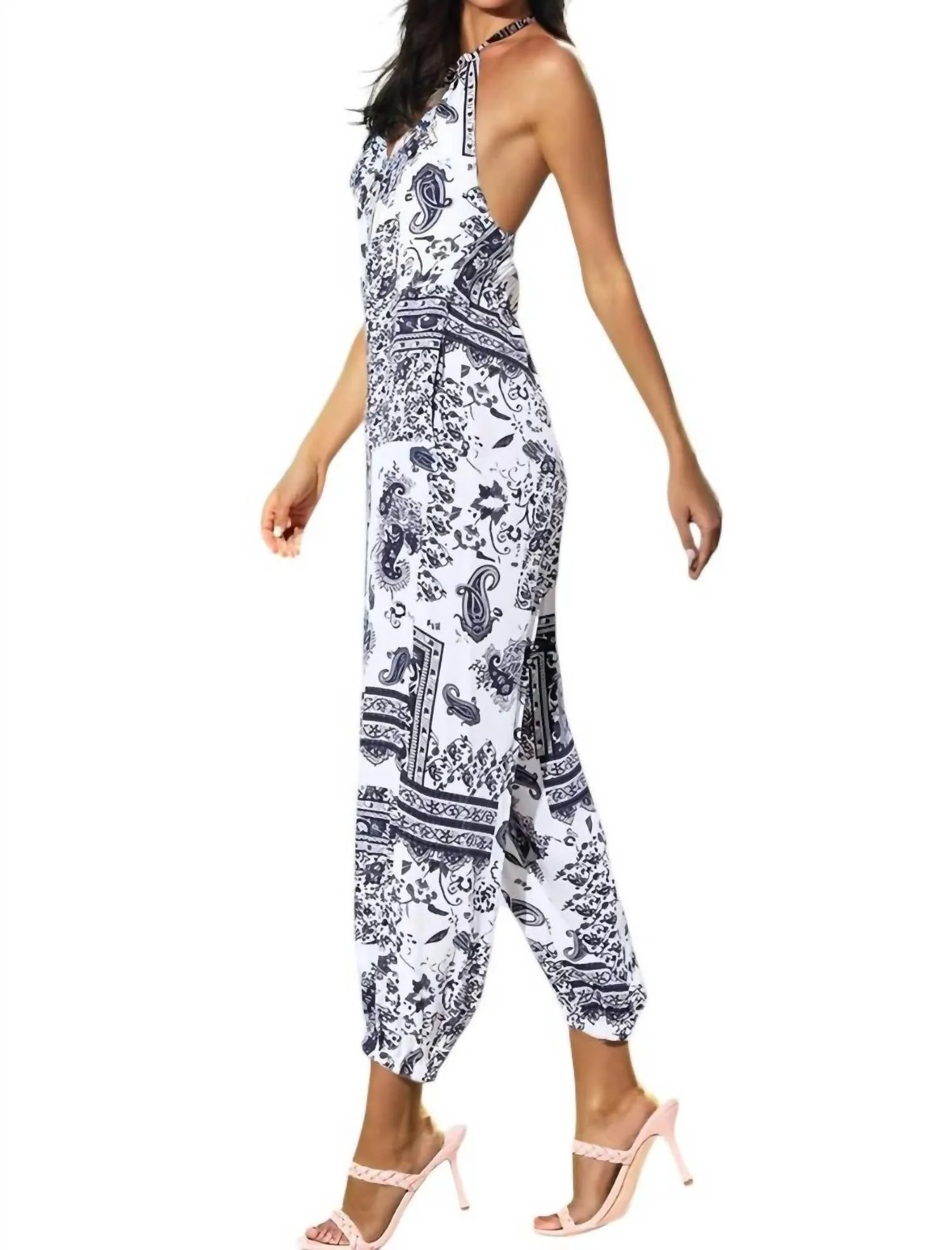 Riley Paisley Print Halter Jumpsuit In Black