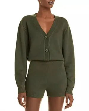 Romper Green Long Sleeve Knit Button Up V-Neck In Olive