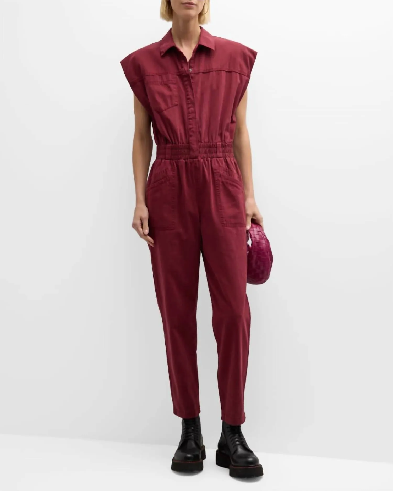Rosie Cinched Waist Jumpsuit In Bordeaux