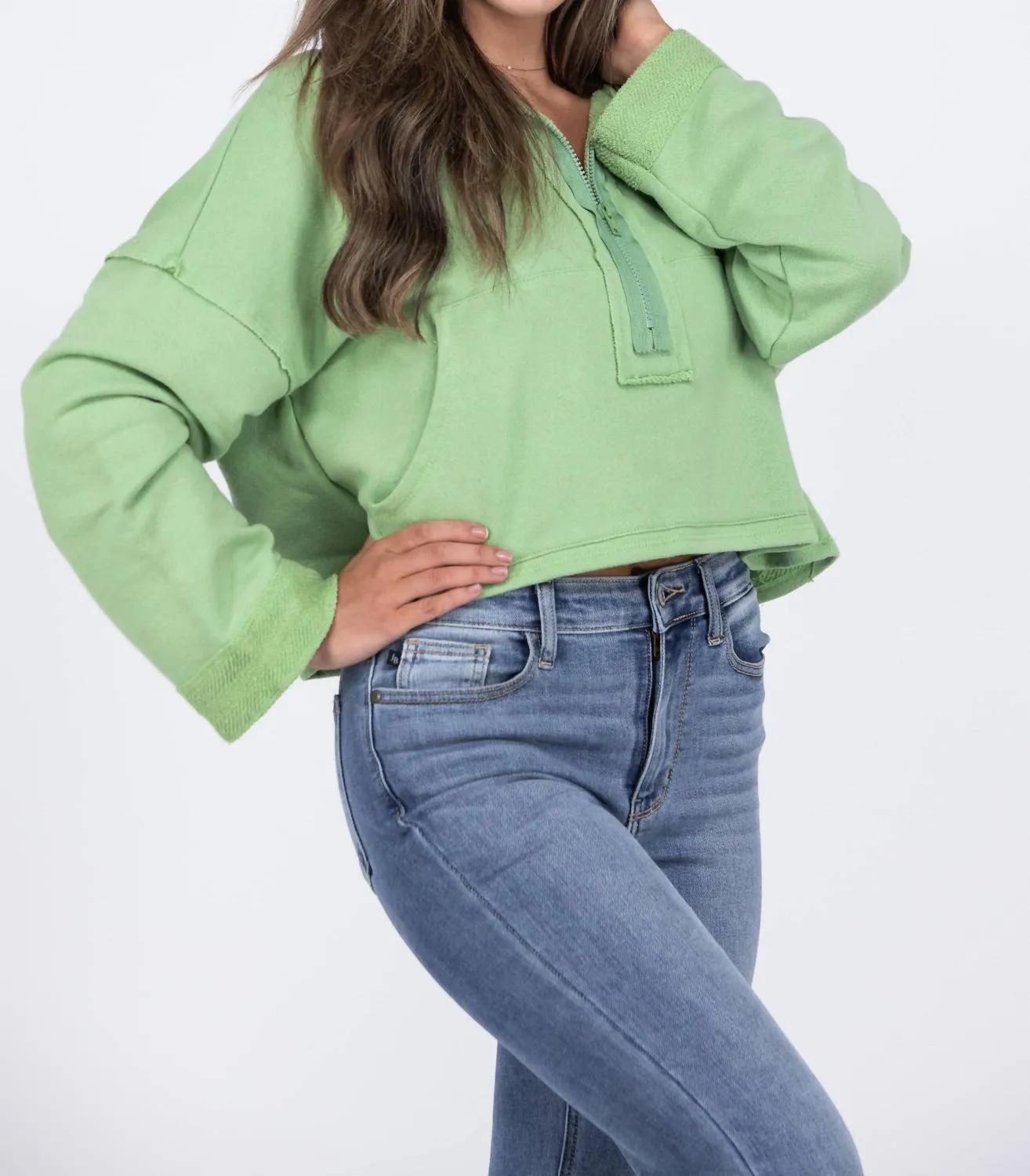 Rough Around The Edges Half Zip Cropped Sweater In Green