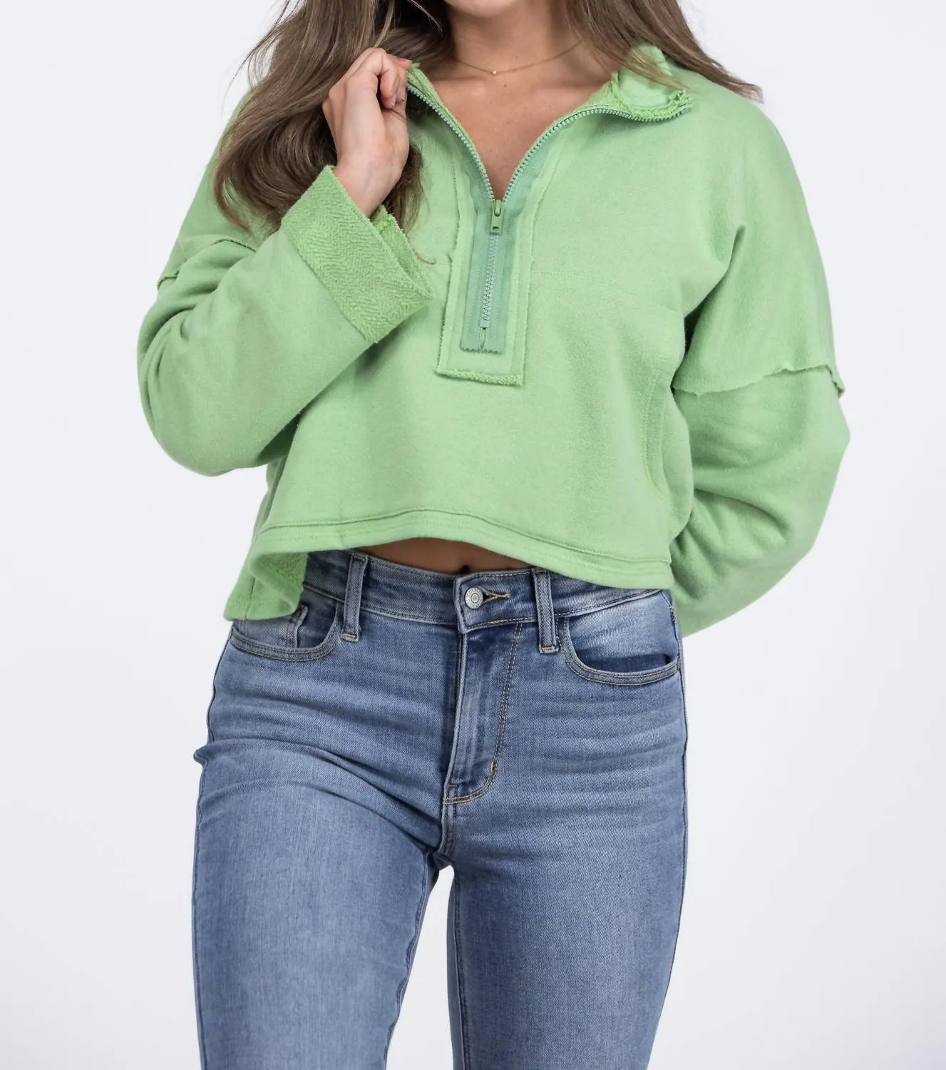 Rough Around The Edges Half Zip Cropped Sweater In Green