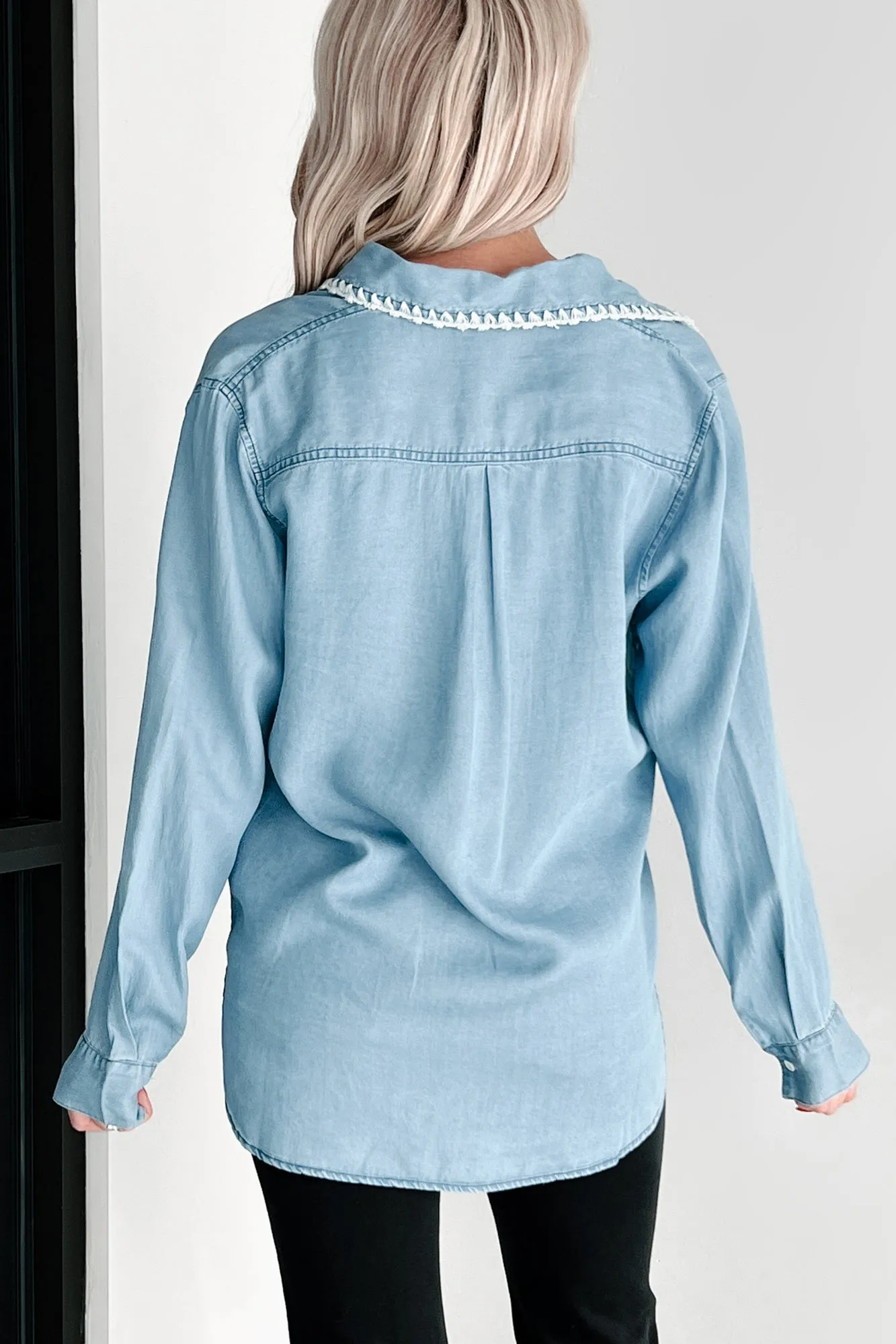 Rustic Charm Embroidered Edge Denim Chambray Shirt (Denim Blue)