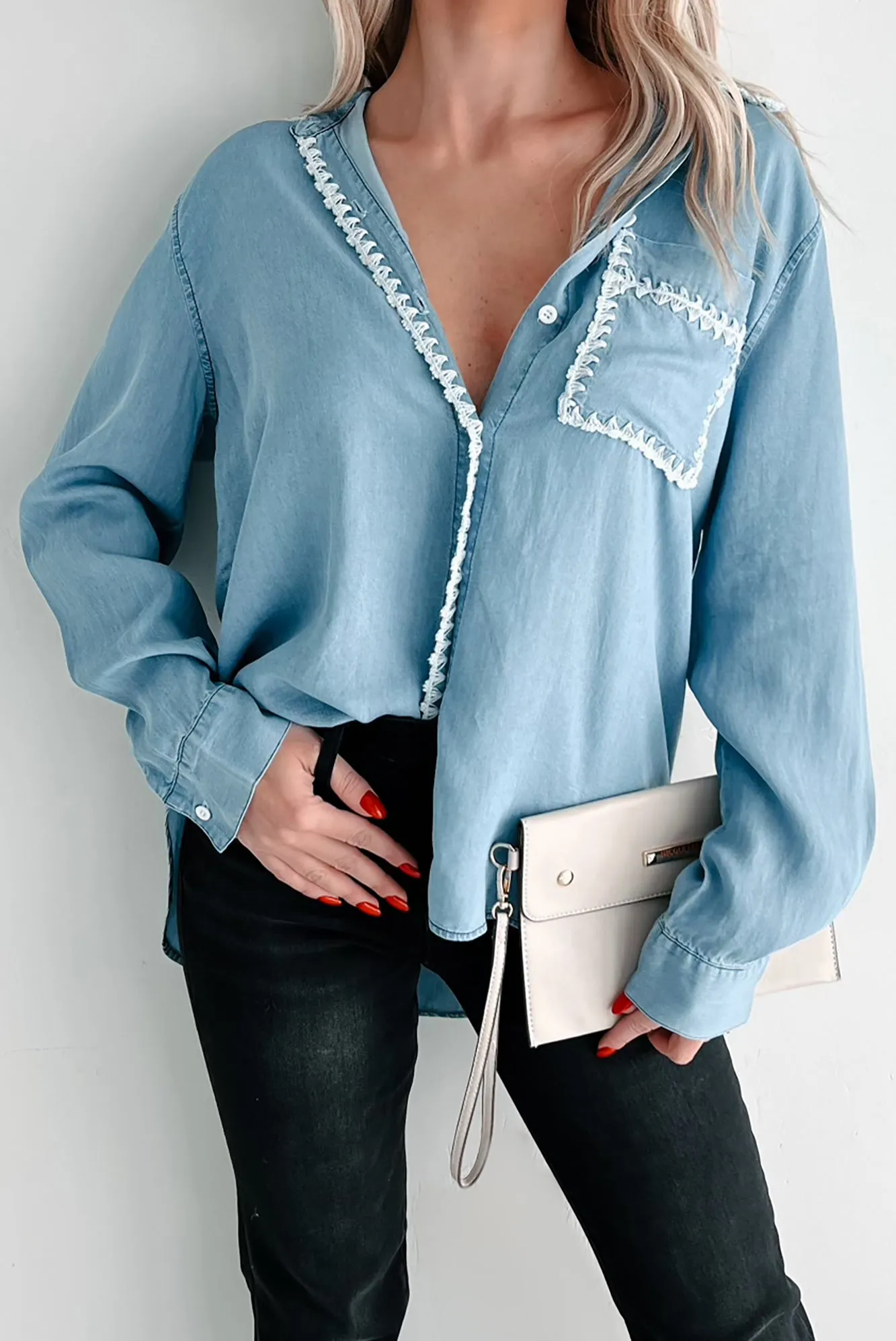 Rustic Charm Embroidered Edge Denim Chambray Shirt (Denim Blue)