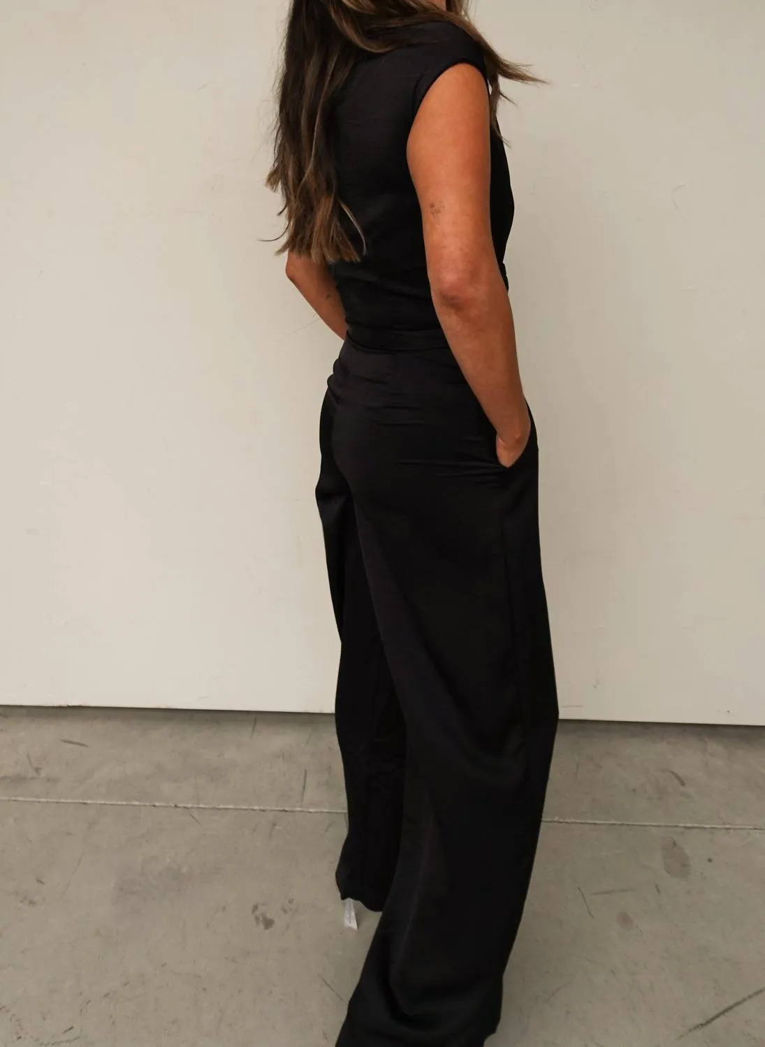 Satin Belted Jumpsuit In Black