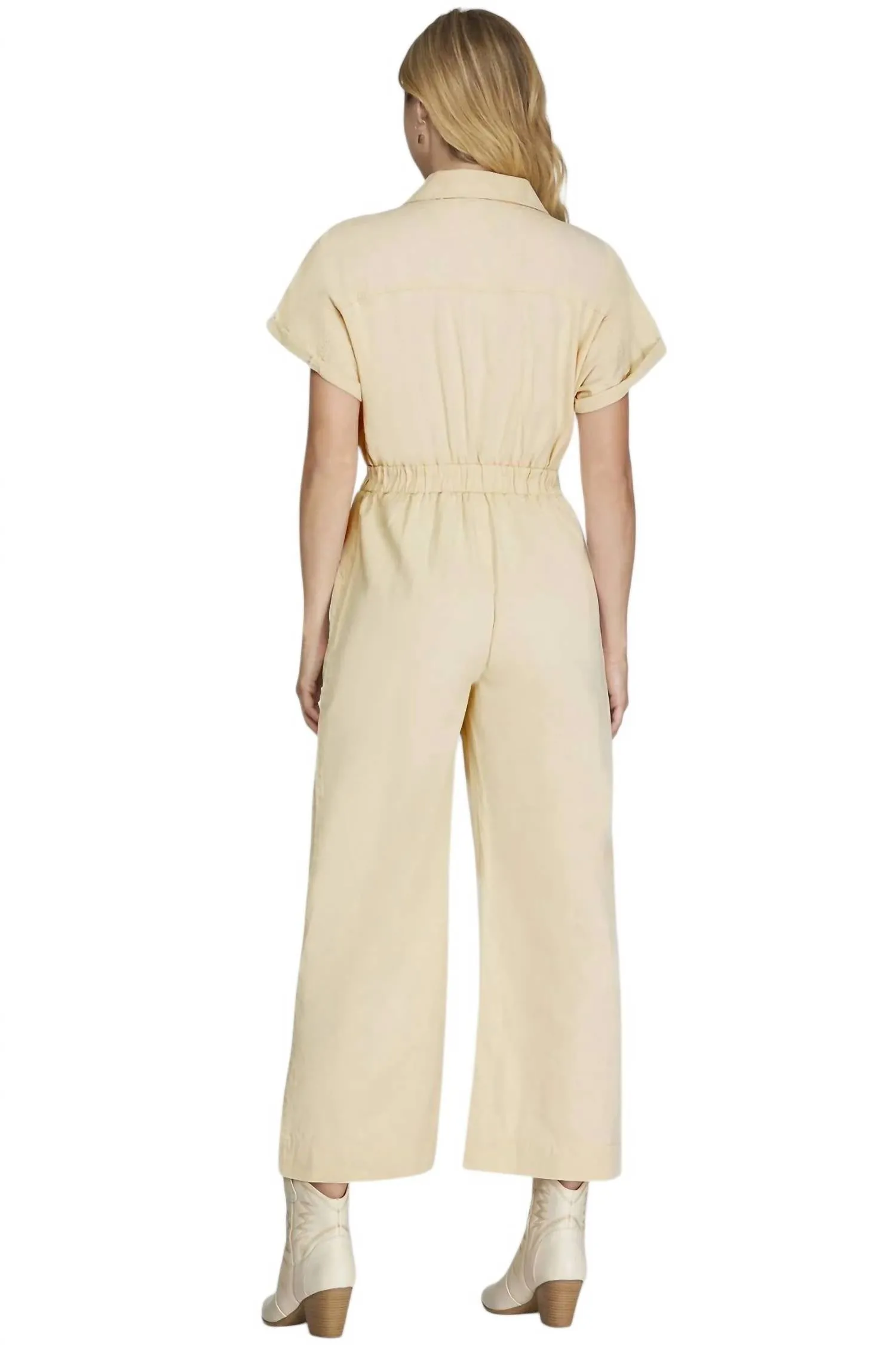 Short Sleeve Button Front Jumpsuit In Ecru
