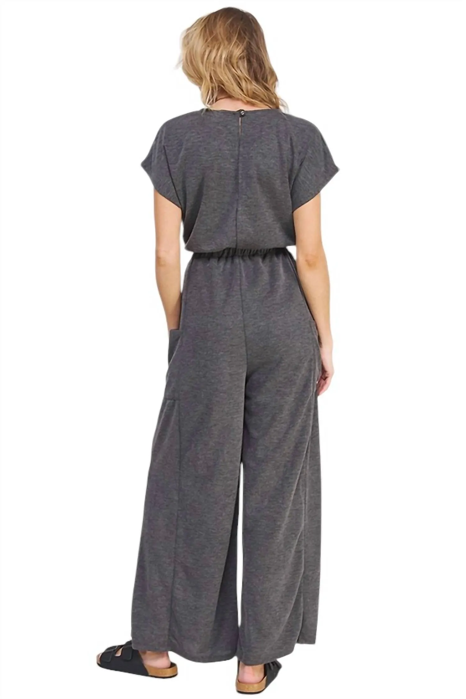 Short Sleeve Knit Straight Leg Elastic Jumpsuit In Charcoal