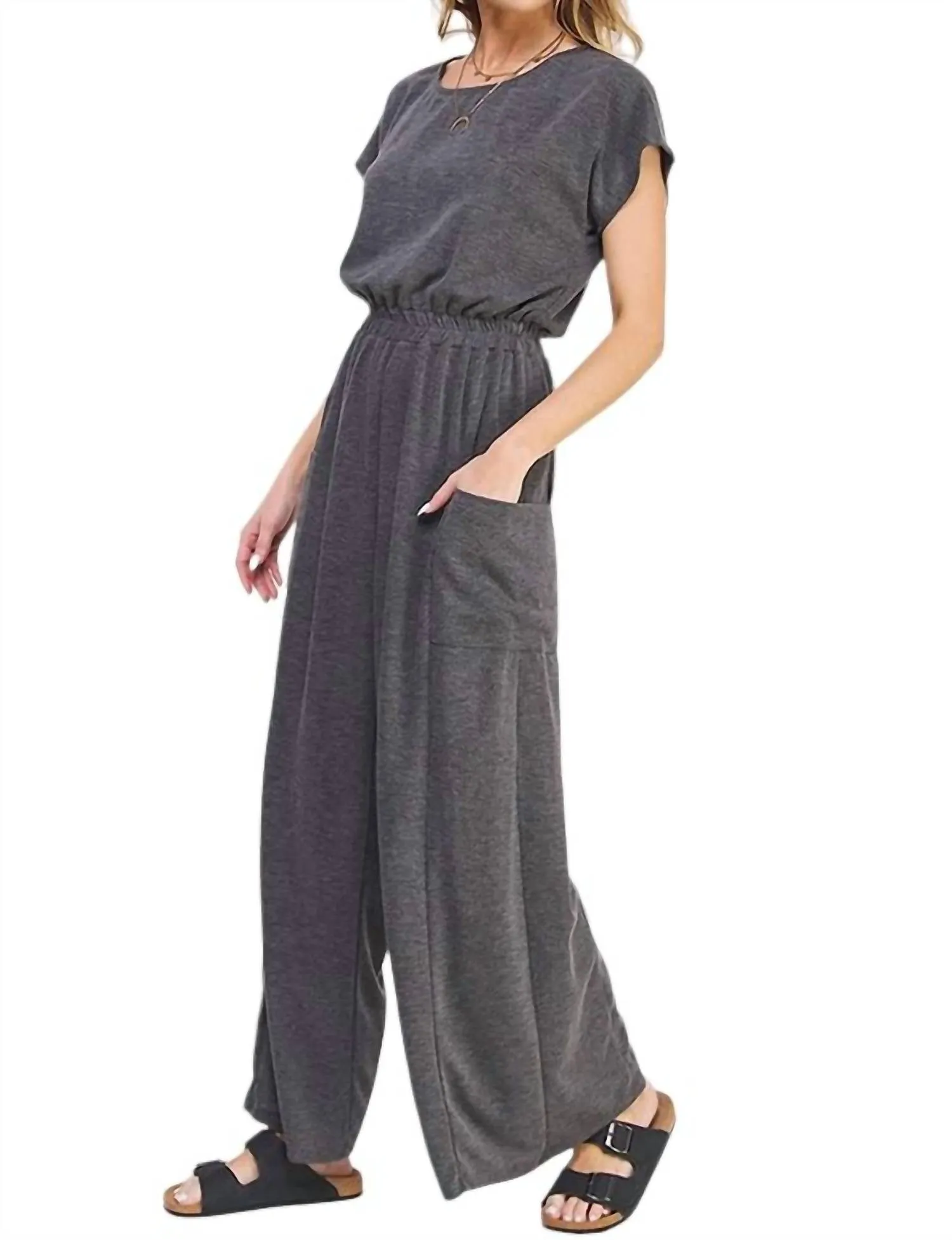 Short Sleeve Knit Straight Leg Elastic Jumpsuit In Charcoal