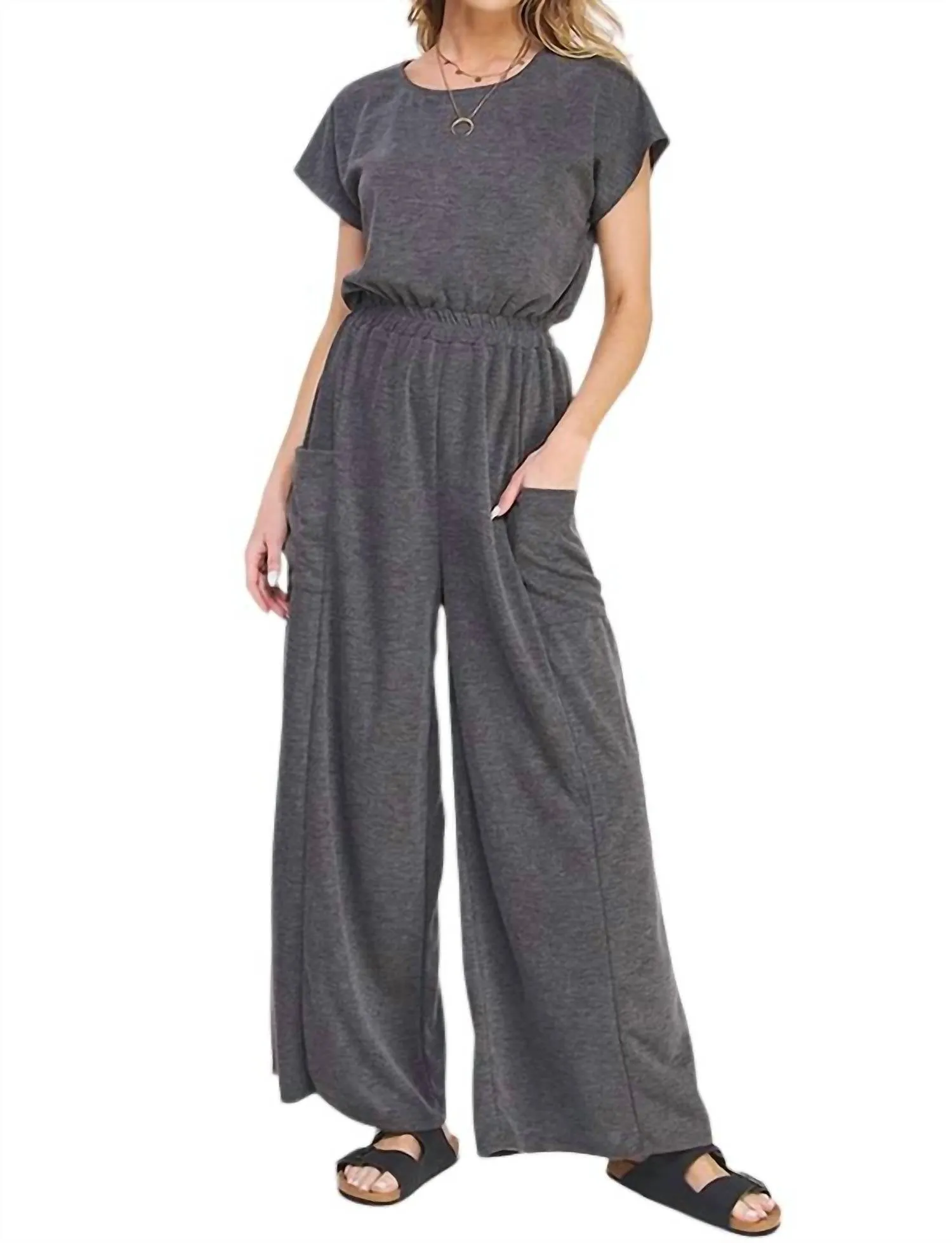 Short Sleeve Knit Straight Leg Elastic Jumpsuit In Charcoal