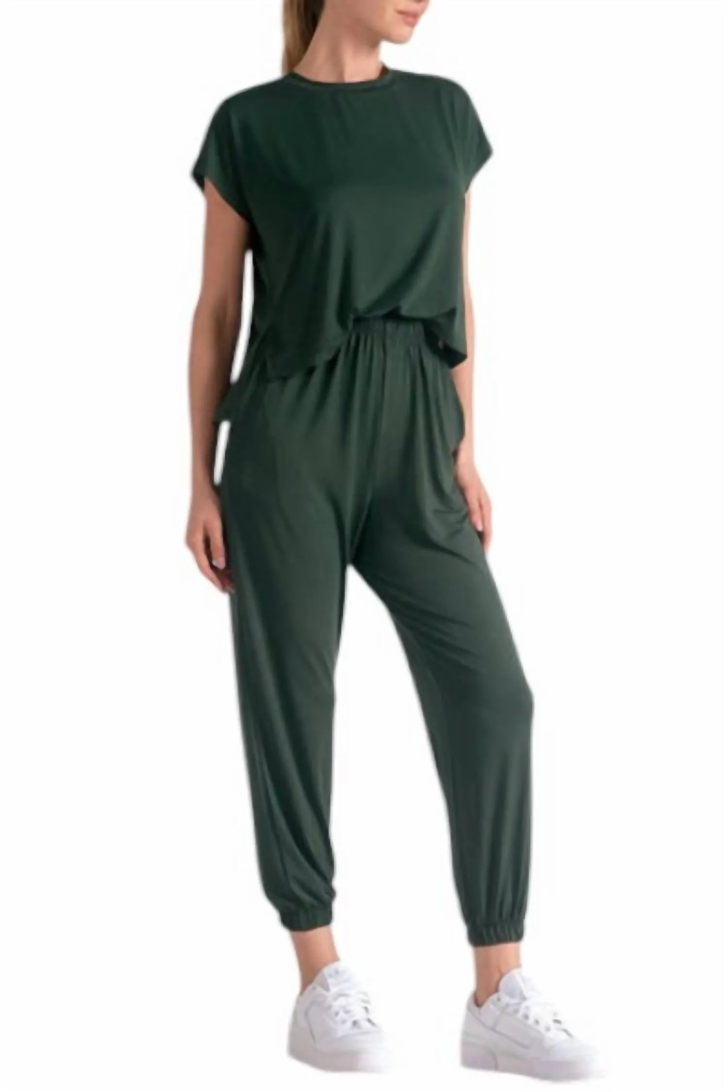 Short Sleeve T-Shirt Jumpsuit In Dark Green