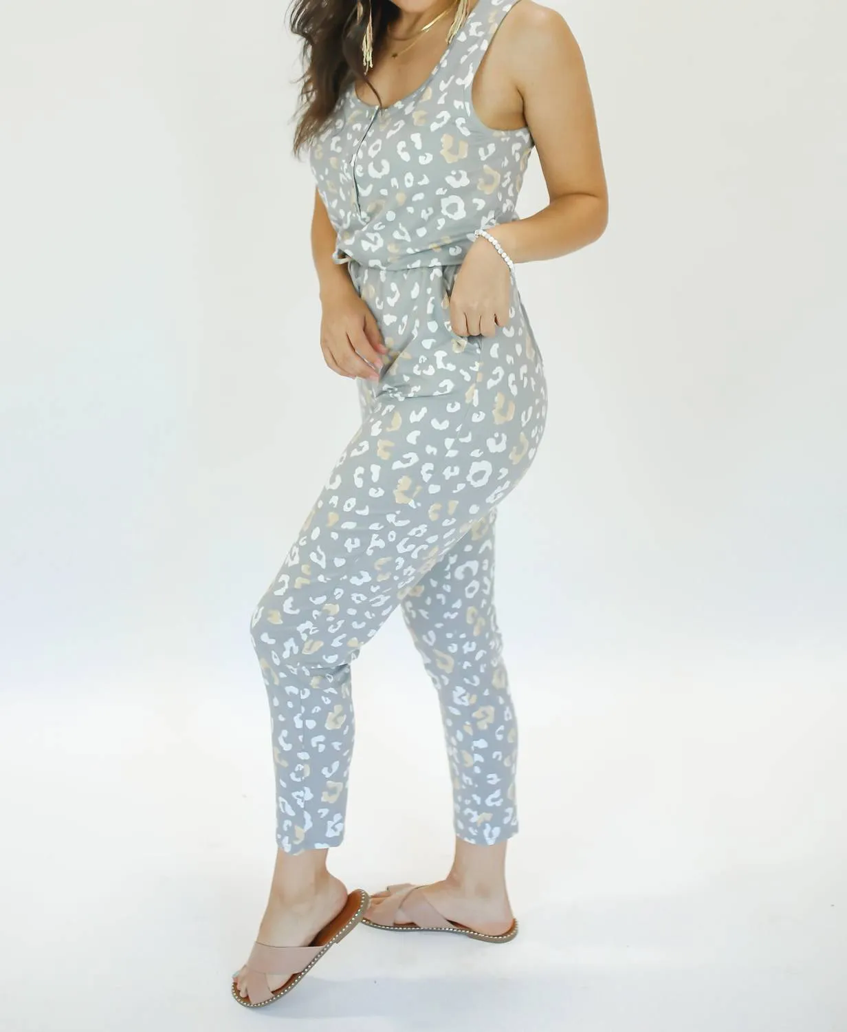 Simply Greater Leopard Jumpsuit In Gray