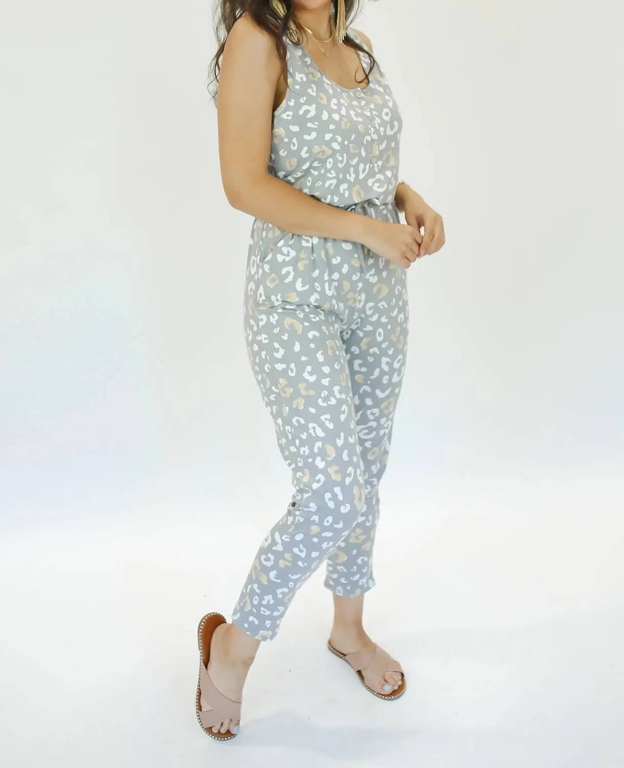 Simply Greater Leopard Jumpsuit In Gray