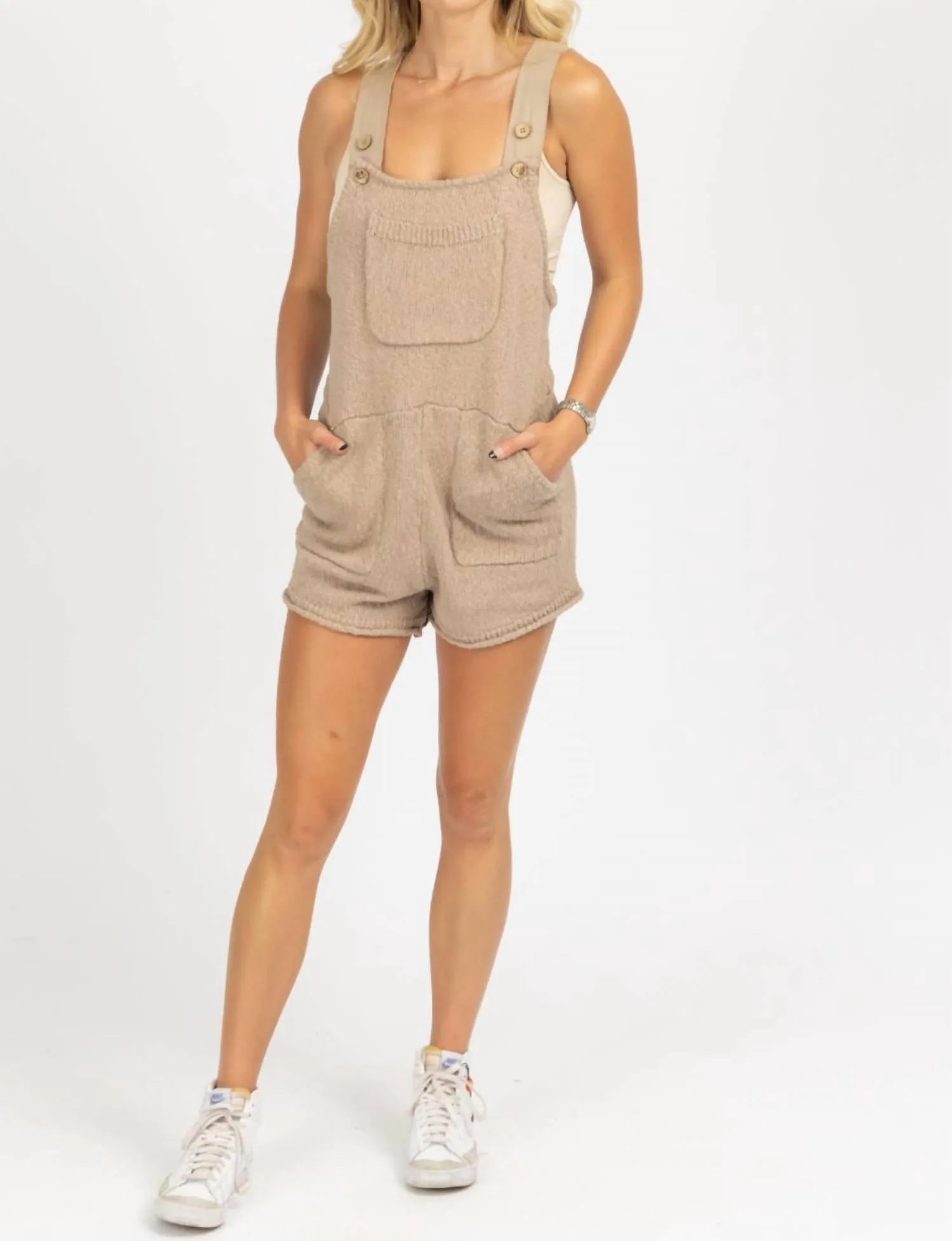 Sleeveless Knit Overall Romper In Mocha