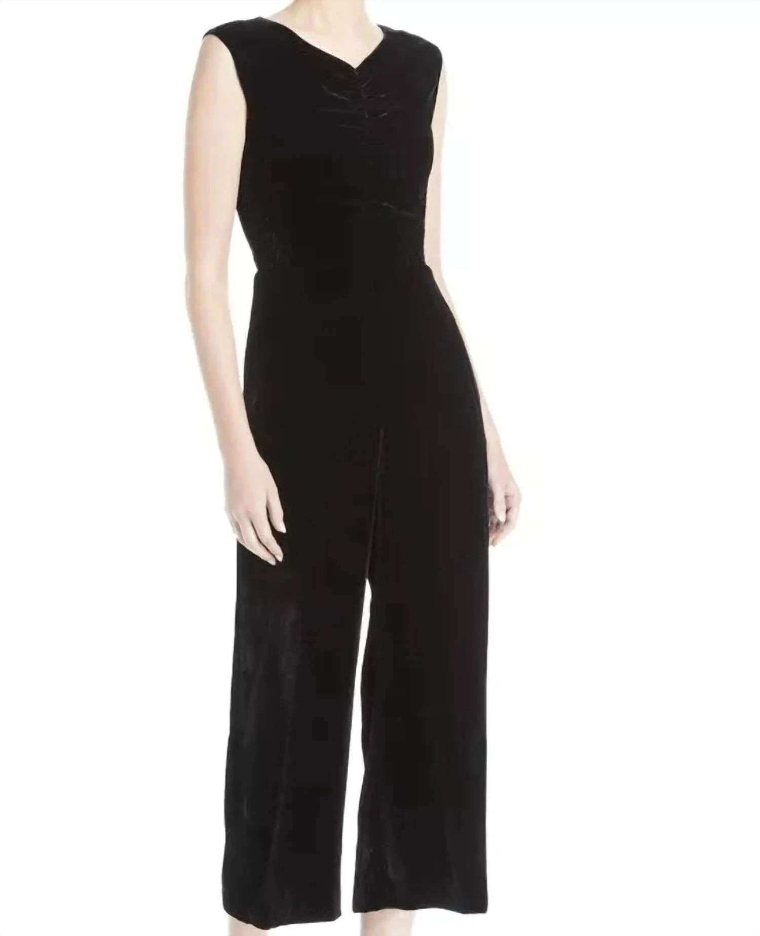 Sleeveless Ruched Velvet Jumpsuit In Black