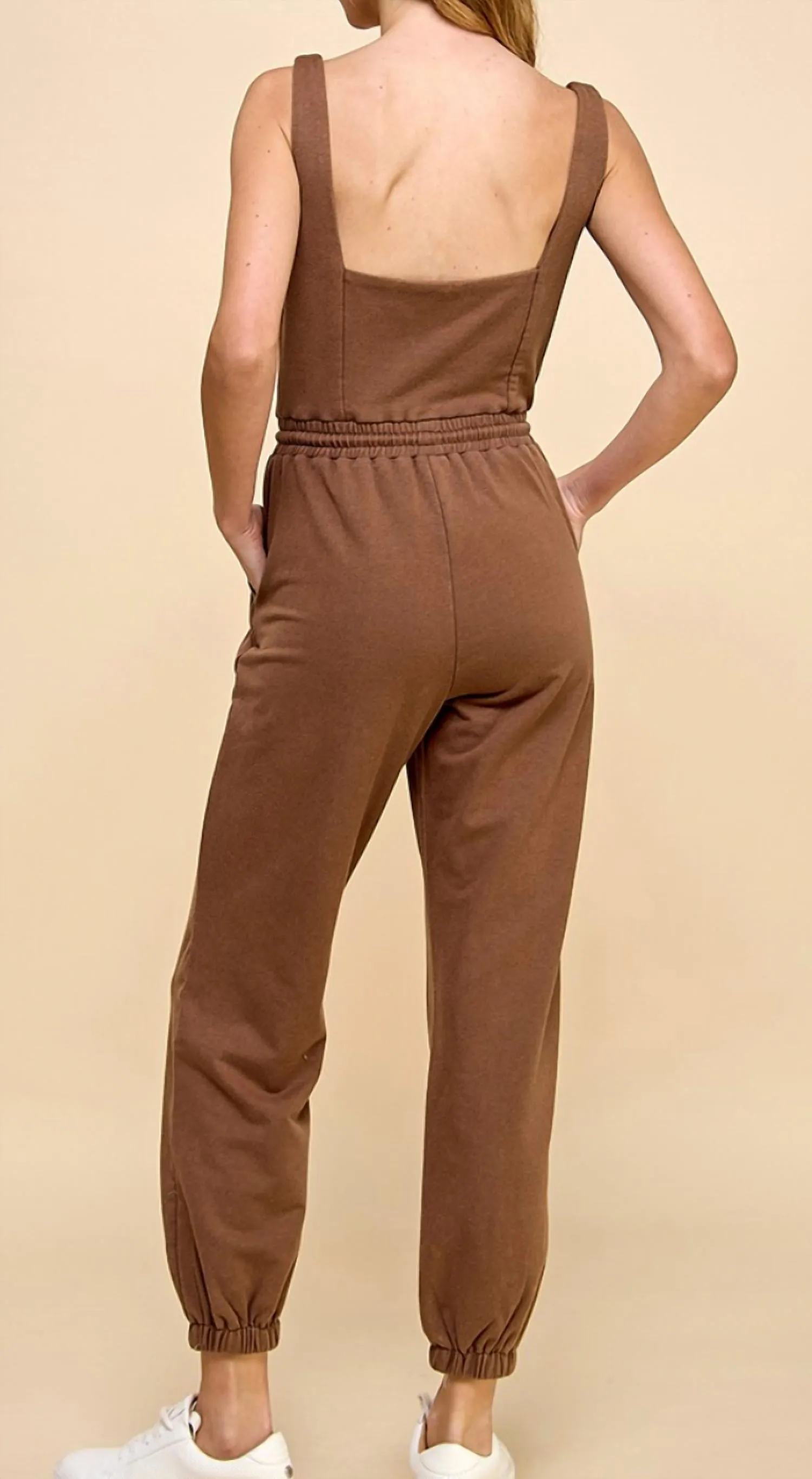 Sleeveless Square Neckline Jumpsuit In Chocolate