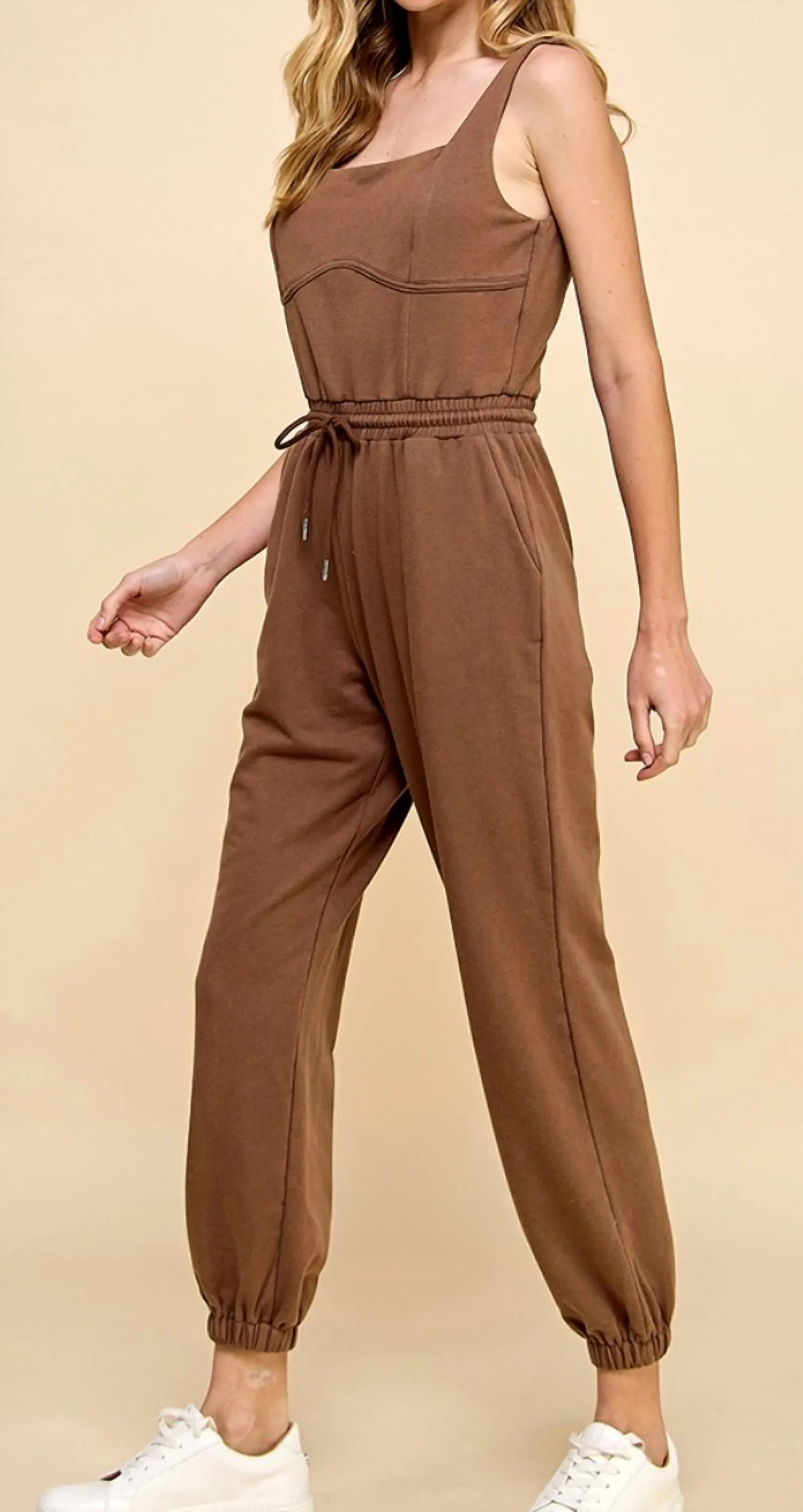 Sleeveless Square Neckline Jumpsuit In Chocolate