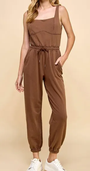 Sleeveless Square Neckline Jumpsuit In Chocolate