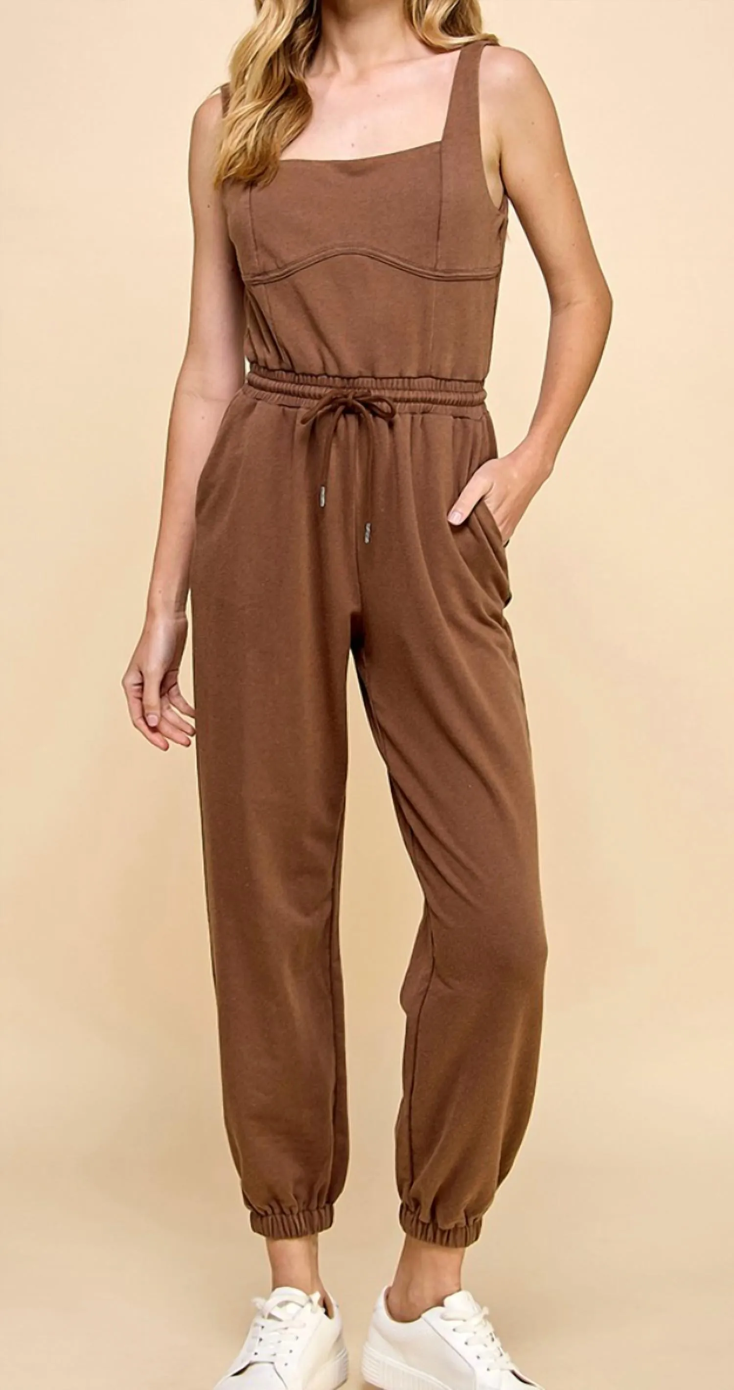 Sleeveless Square Neckline Jumpsuit In Chocolate