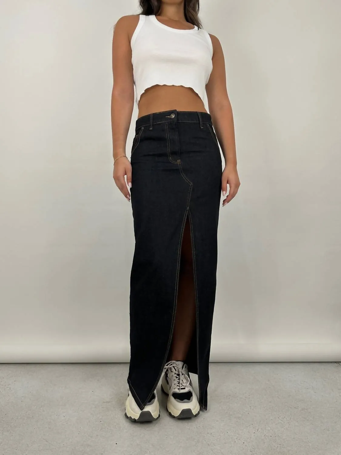 Slit Front Denim Midi Skirt In Dark Blue