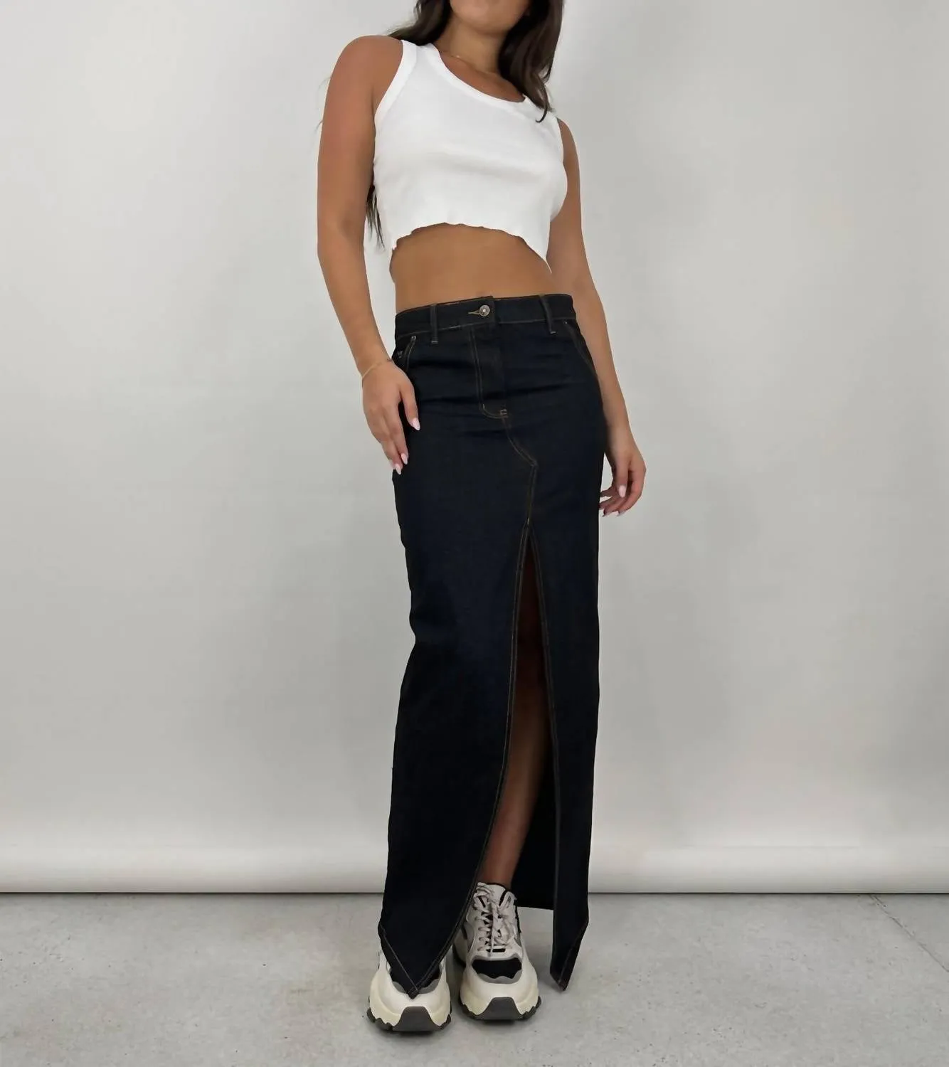 Slit Front Denim Midi Skirt In Dark Blue