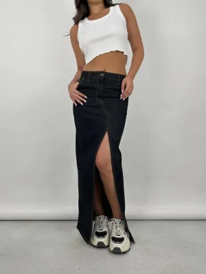 Slit Front Denim Midi Skirt In Dark Blue