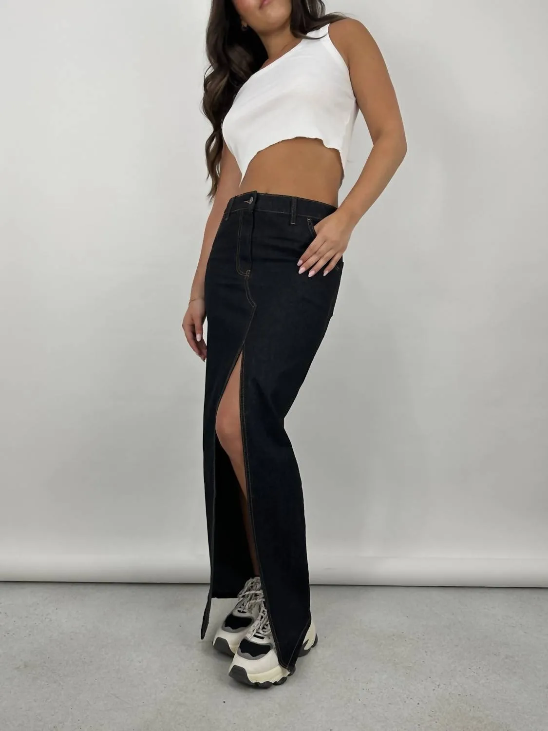 Slit Front Denim Midi Skirt In Dark Blue